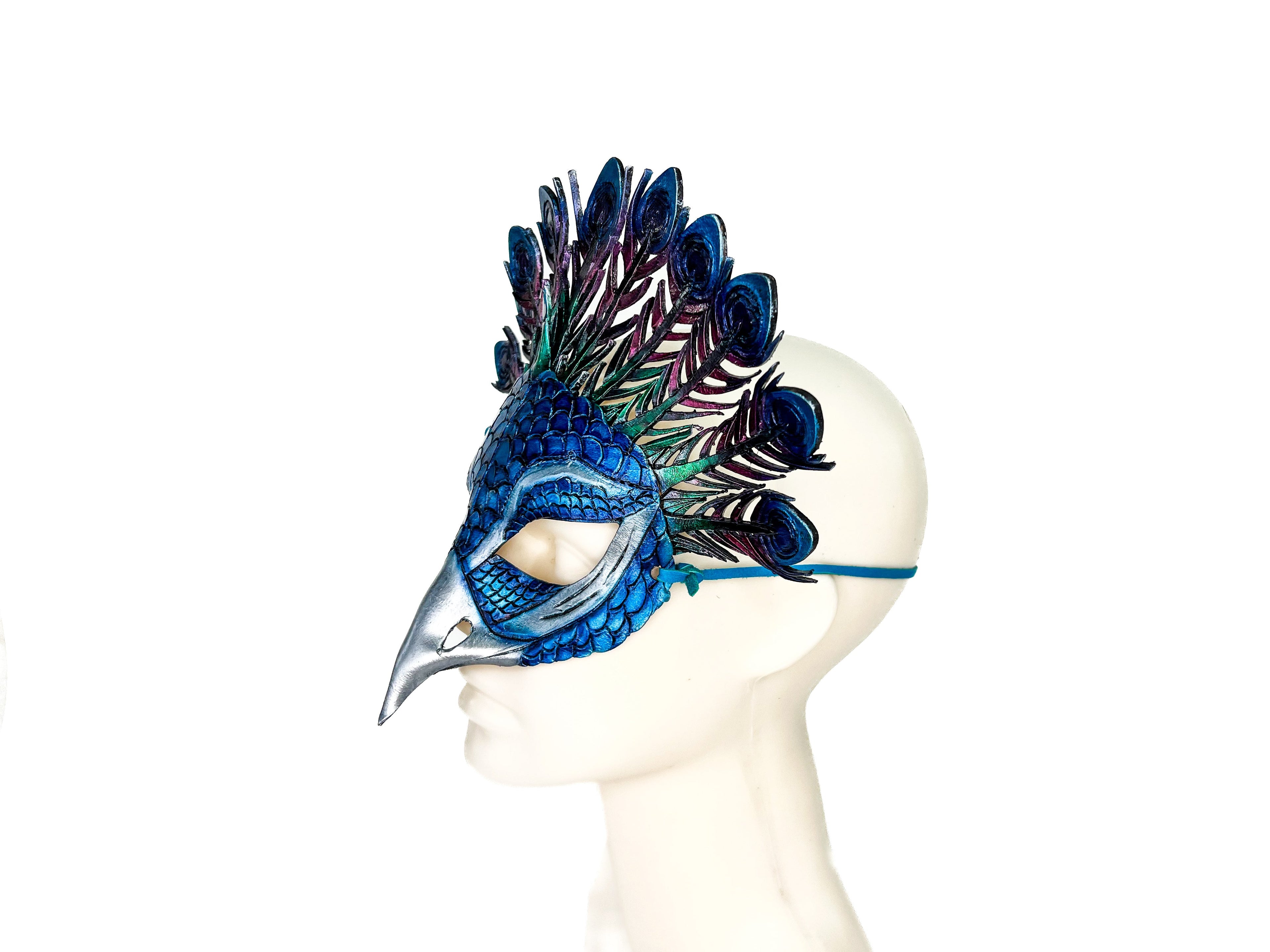 Metallic Blue Peacock Handmade Genuine Leather Mask