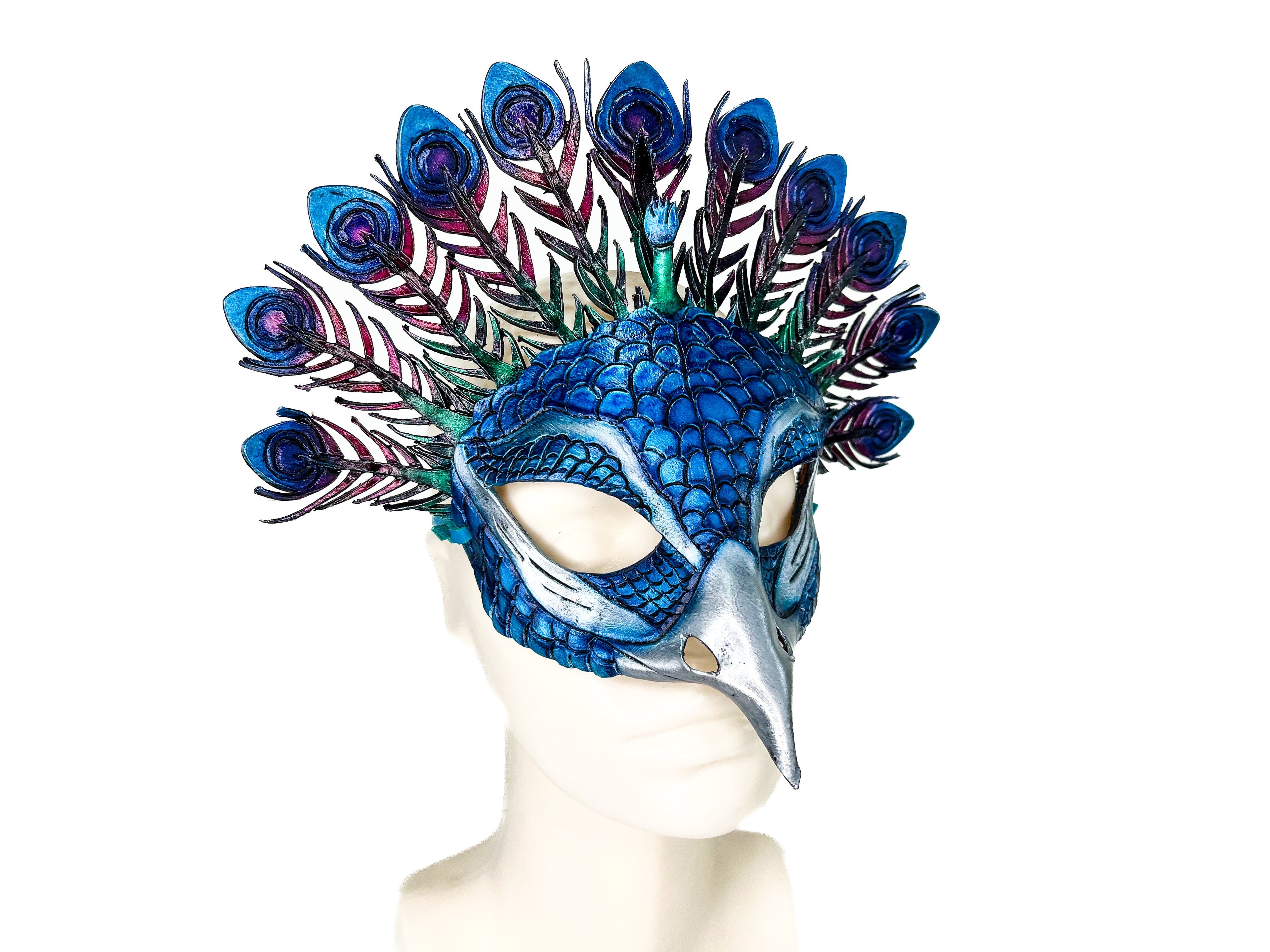 Metallic Blue Peacock Handmade Genuine Leather Mask
