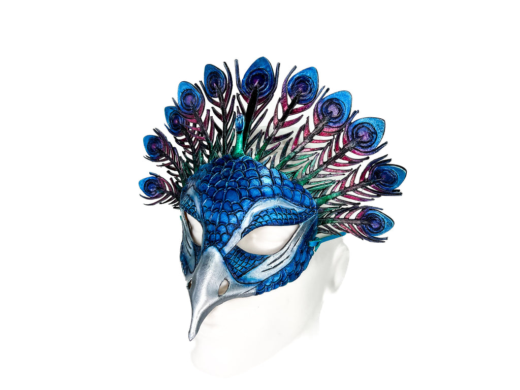 Metallic Blue Peacock Handmade Genuine Leather Mask