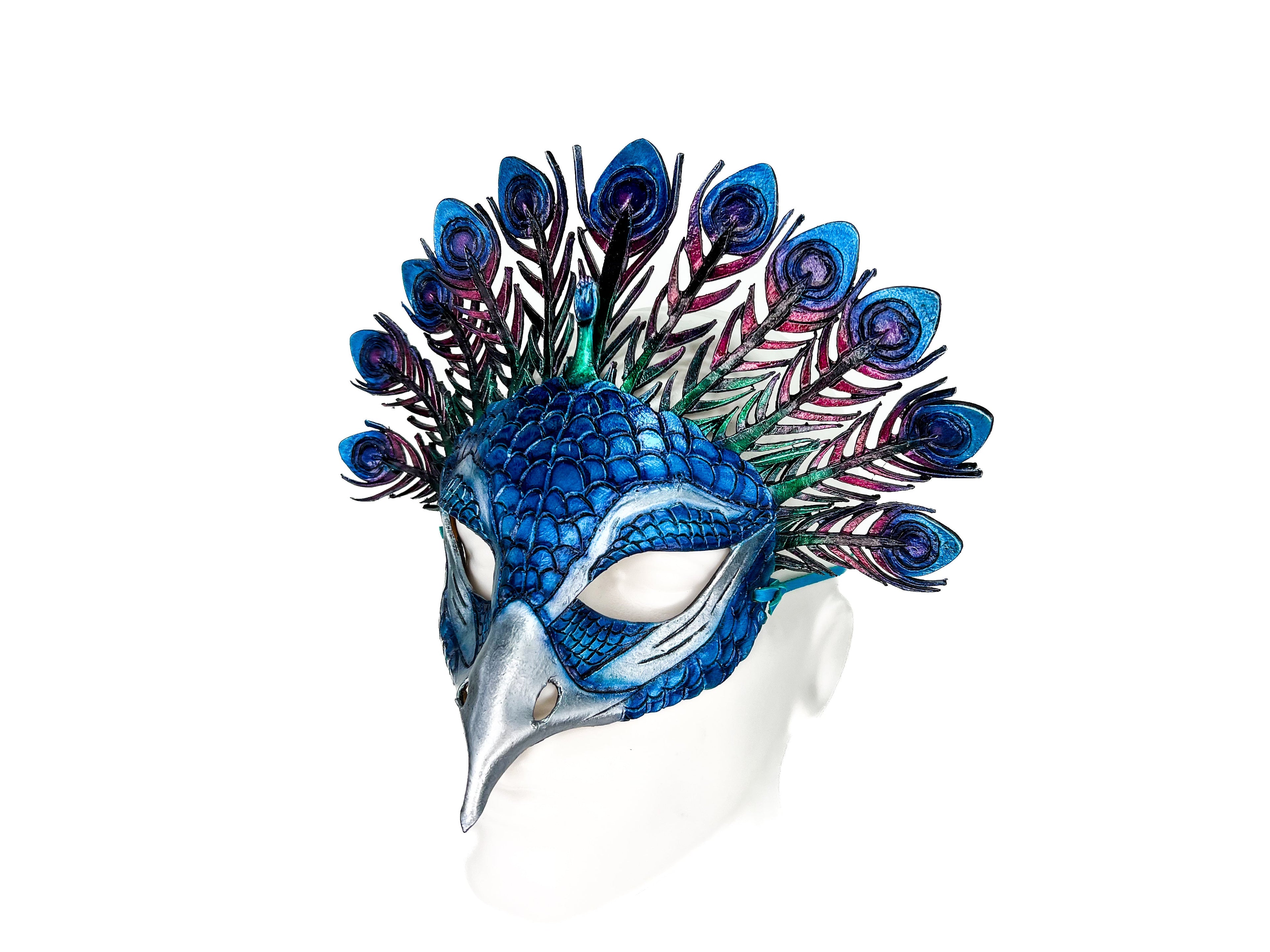 Metallic Blue Peacock Handmade Genuine Leather Mask