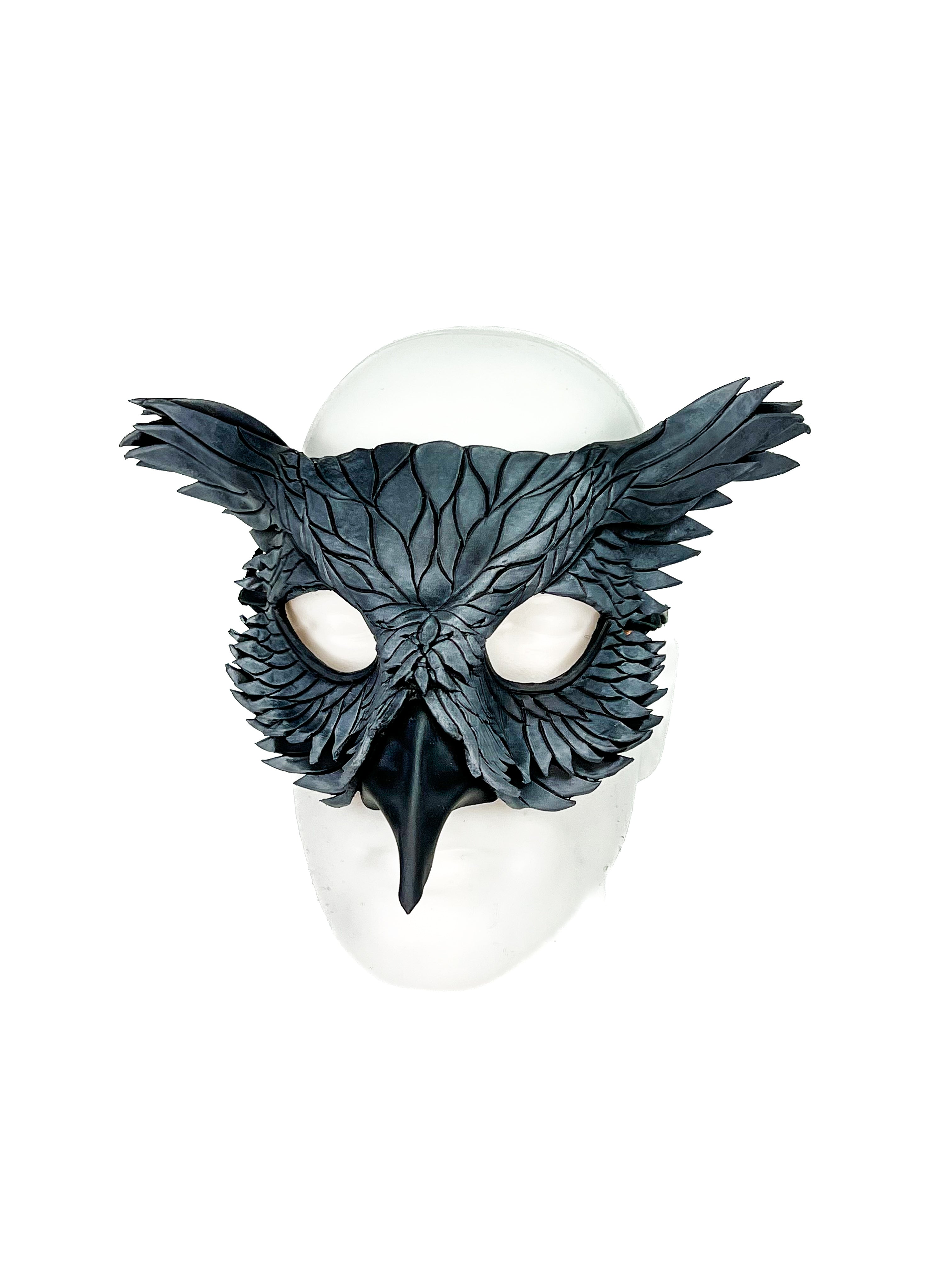 Layered Horned Owl Handmade Genuine Leather Mask in Grey
