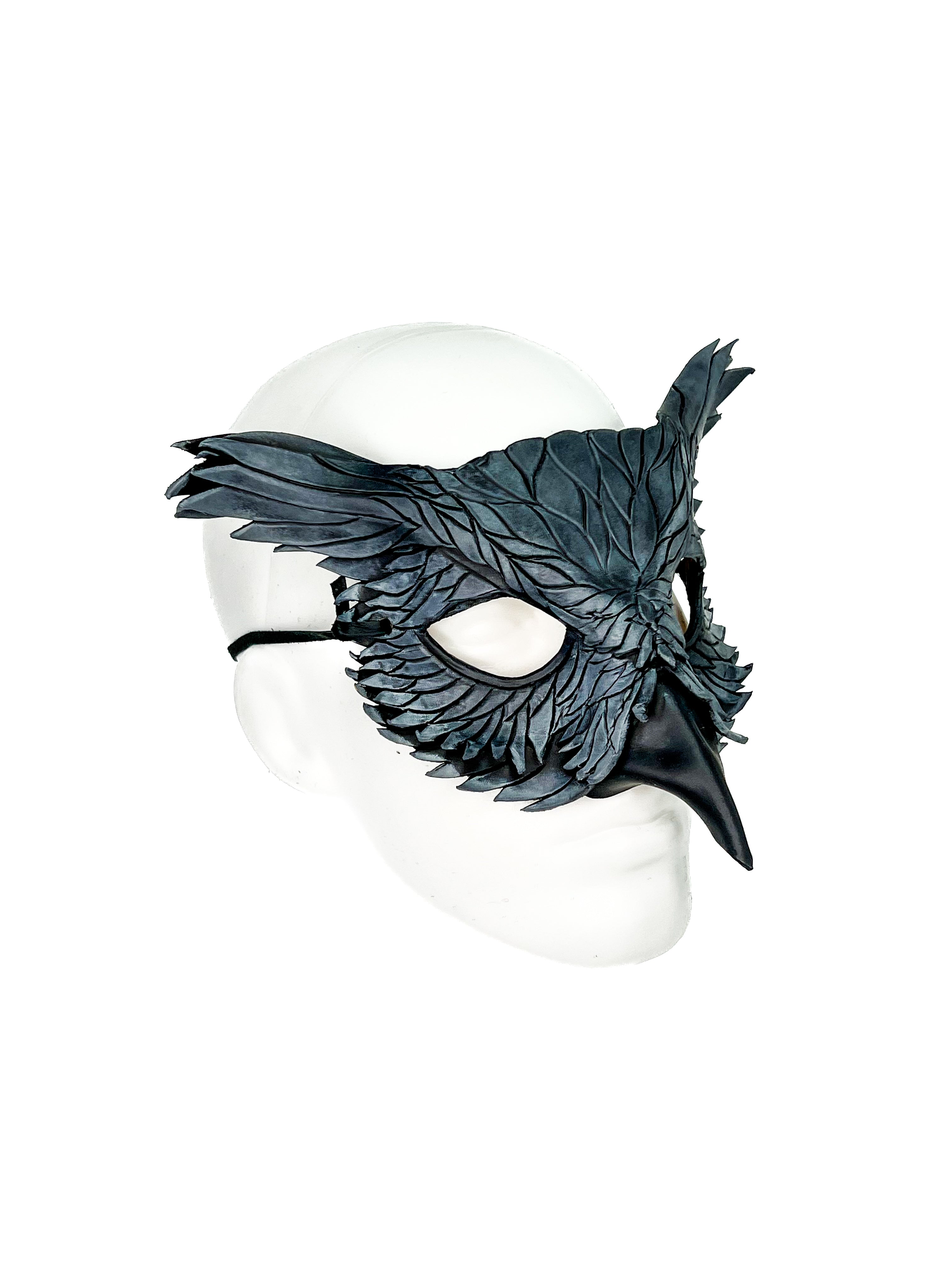 Layered Horned Owl Handmade Genuine Leather Mask in Grey
