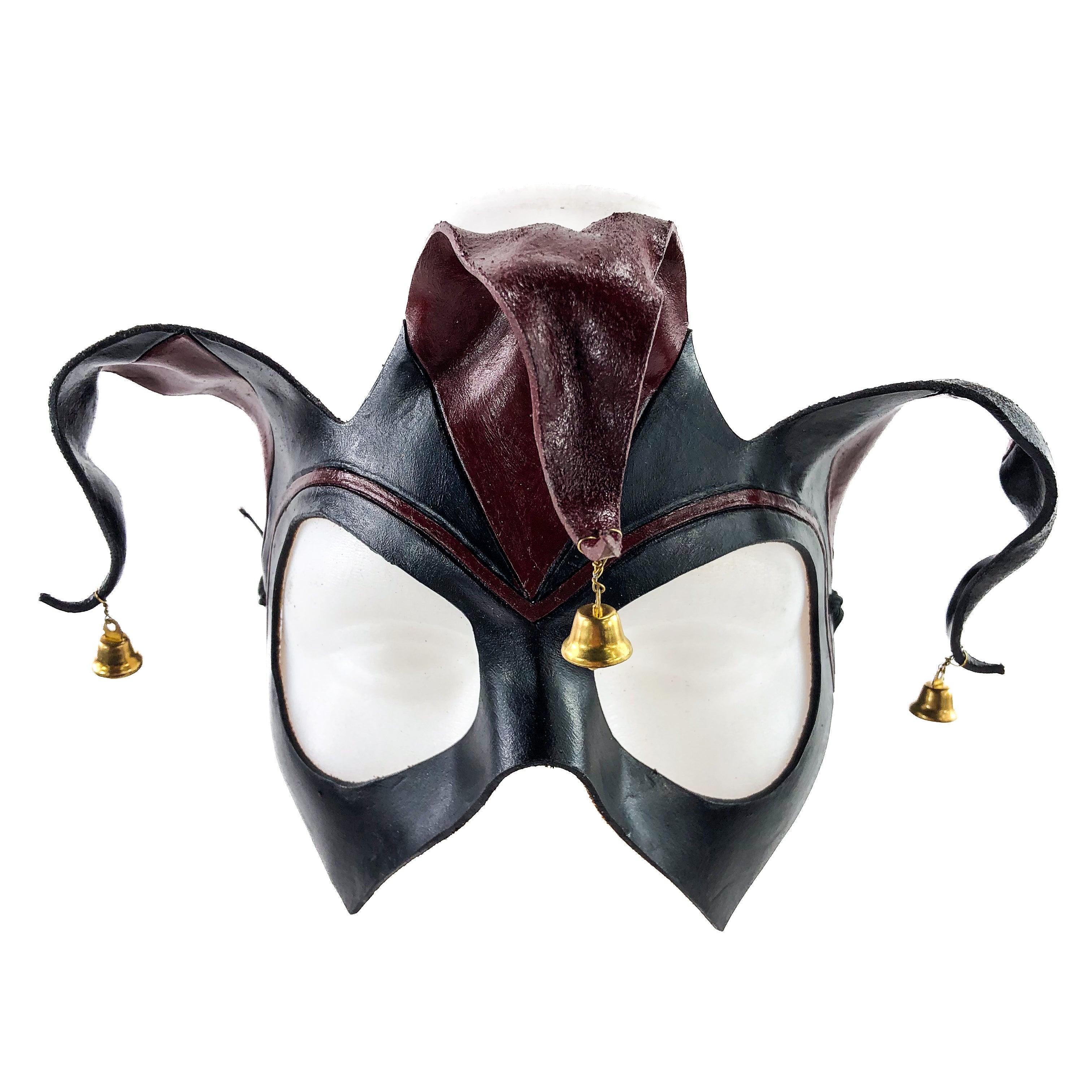 Handmade Genuine Leather Jester Mask in Red and Black with Brass Bells