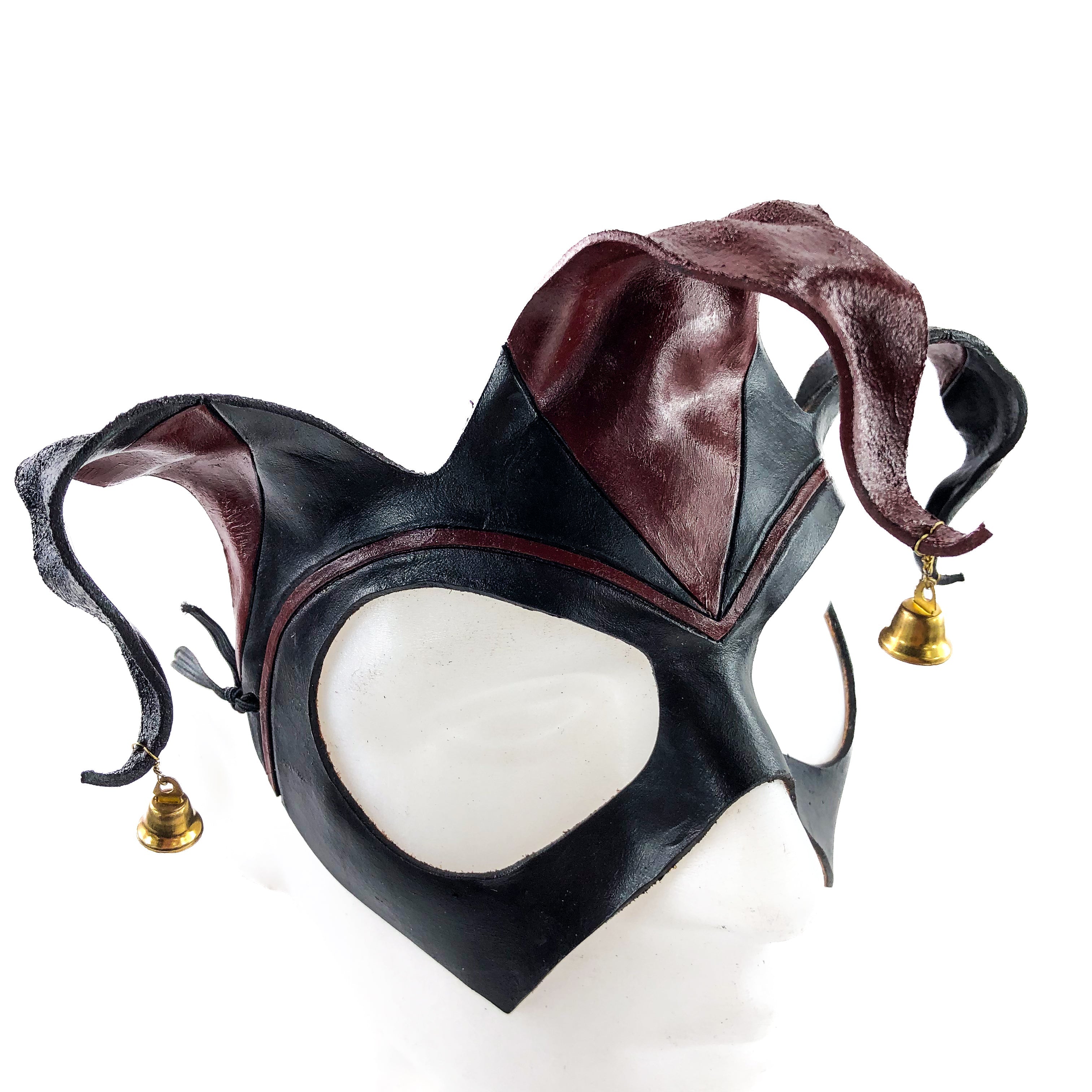 Handmade Genuine Leather Jester Mask in Red and Black with Brass Bells