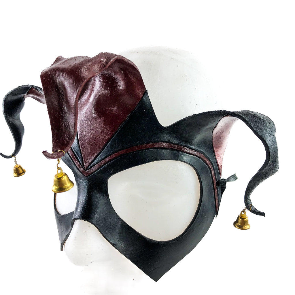 Handmade Genuine Leather Jester Mask in Red and Black with Brass Bells