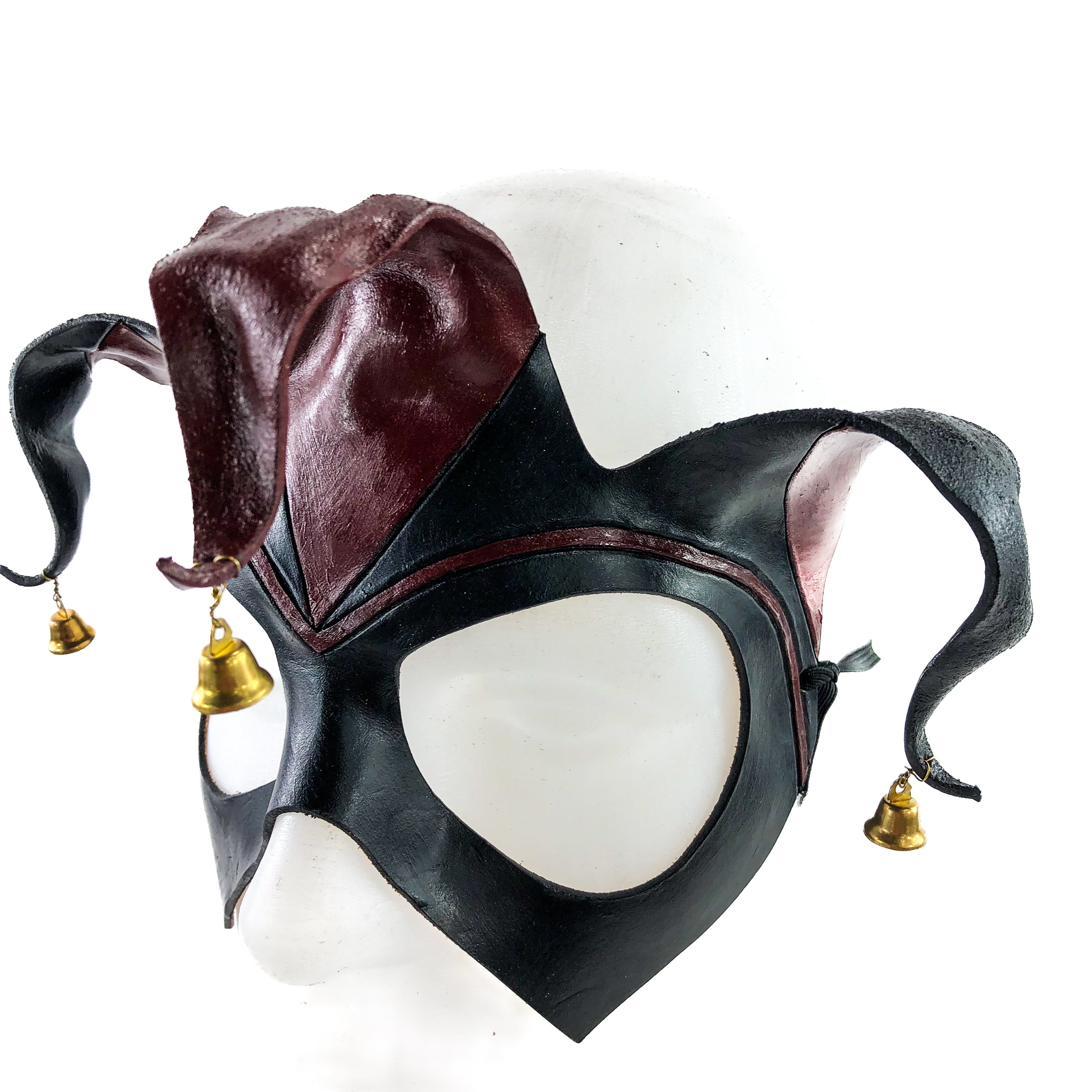 Handmade Genuine Leather Jester Mask in Red and Black with Brass Bells
