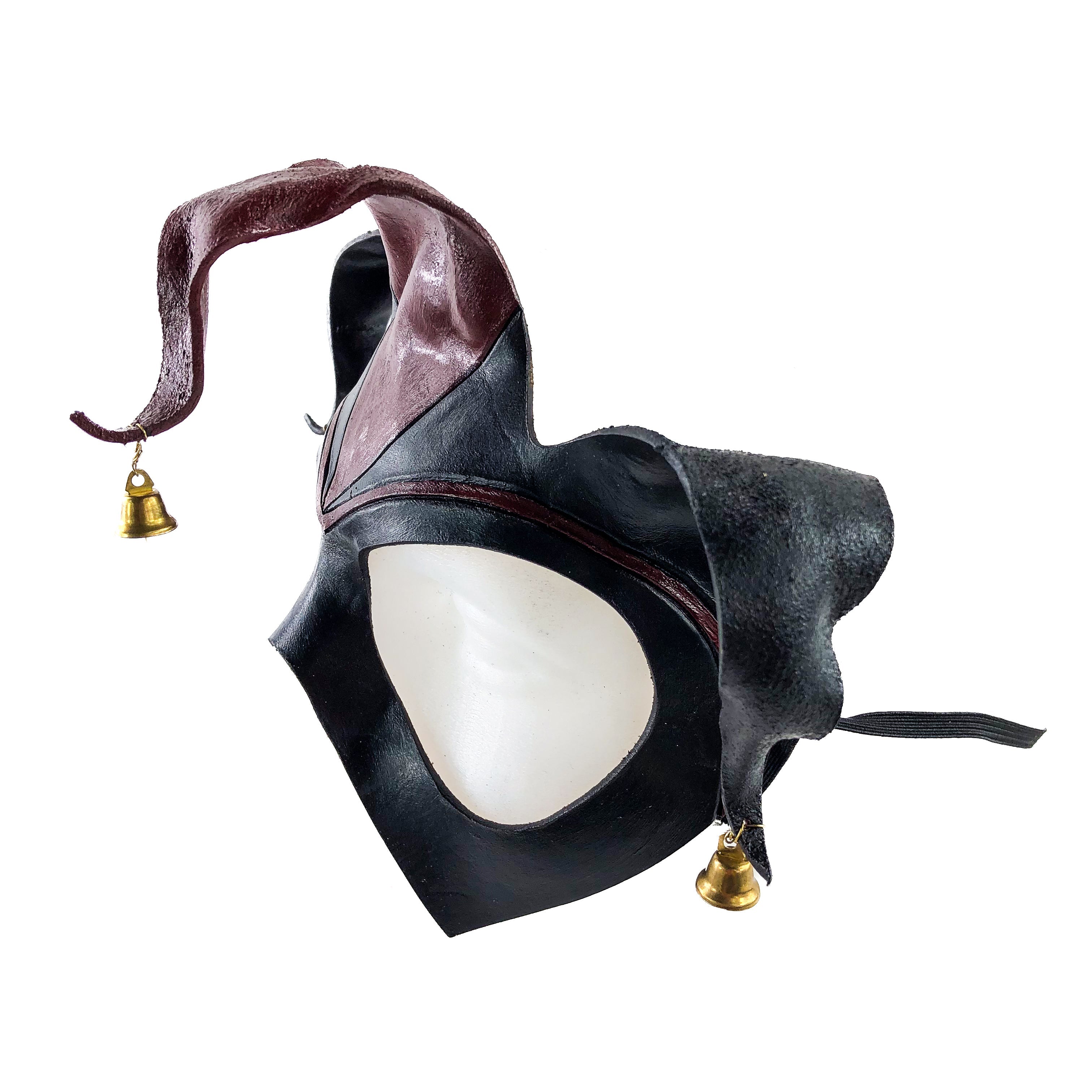Handmade Genuine Leather Jester Mask in Red and Black with Brass Bells
