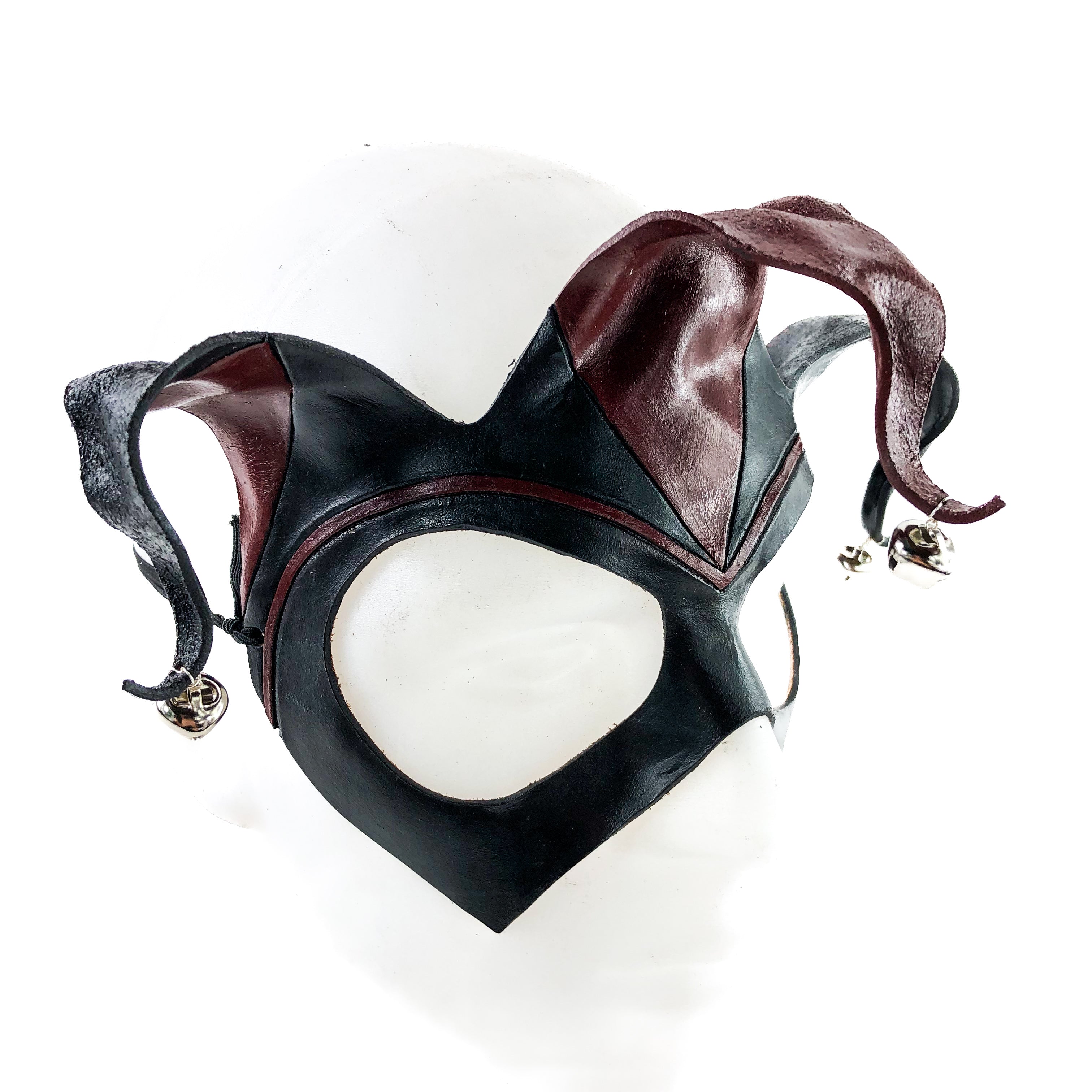 Handmade Genuine Leather Jester Mask in Red and Black with Silver Bells