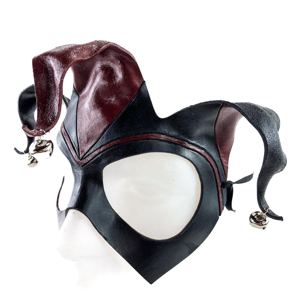 Handmade Genuine Leather Jester Mask in Red and Black with Silver Bells