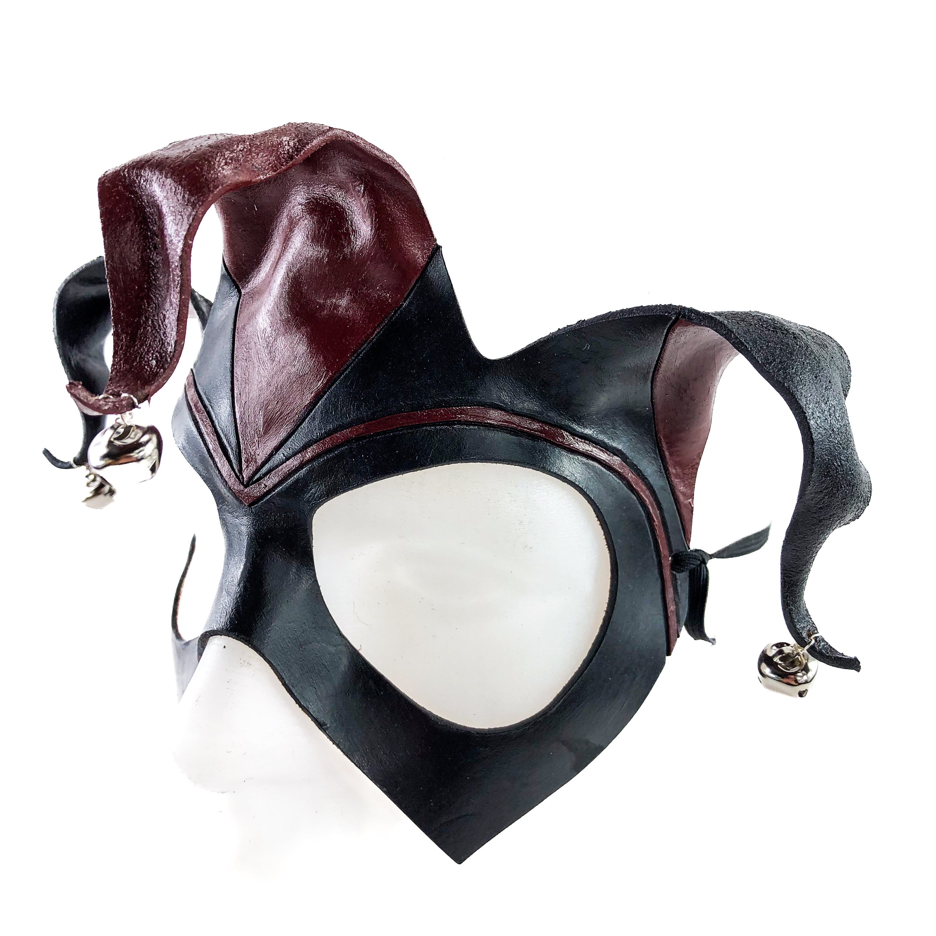 Handmade Genuine Leather Jester Mask in Red and Black with Silver Bells