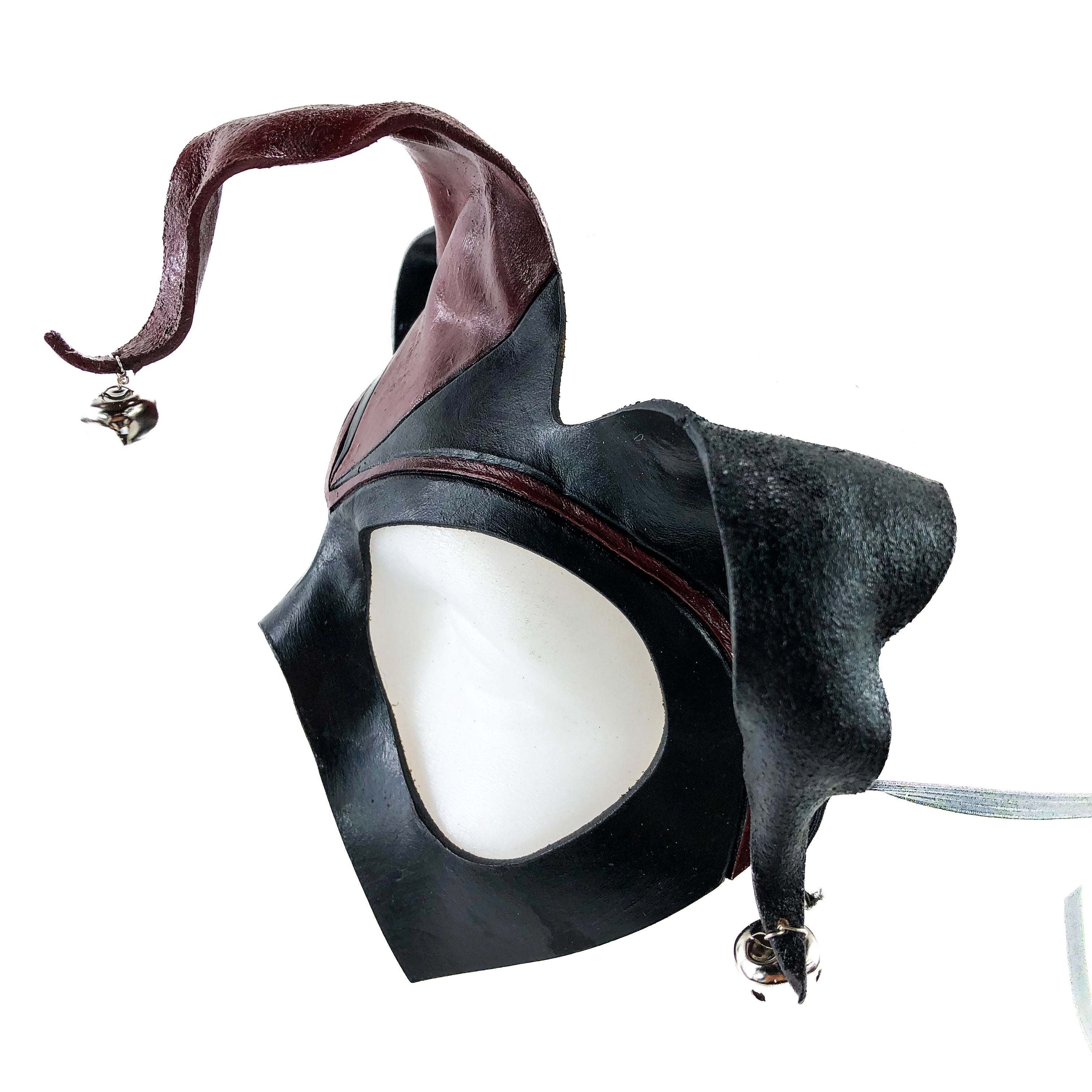 Handmade Genuine Leather Jester Mask in Red and Black with Silver Bells