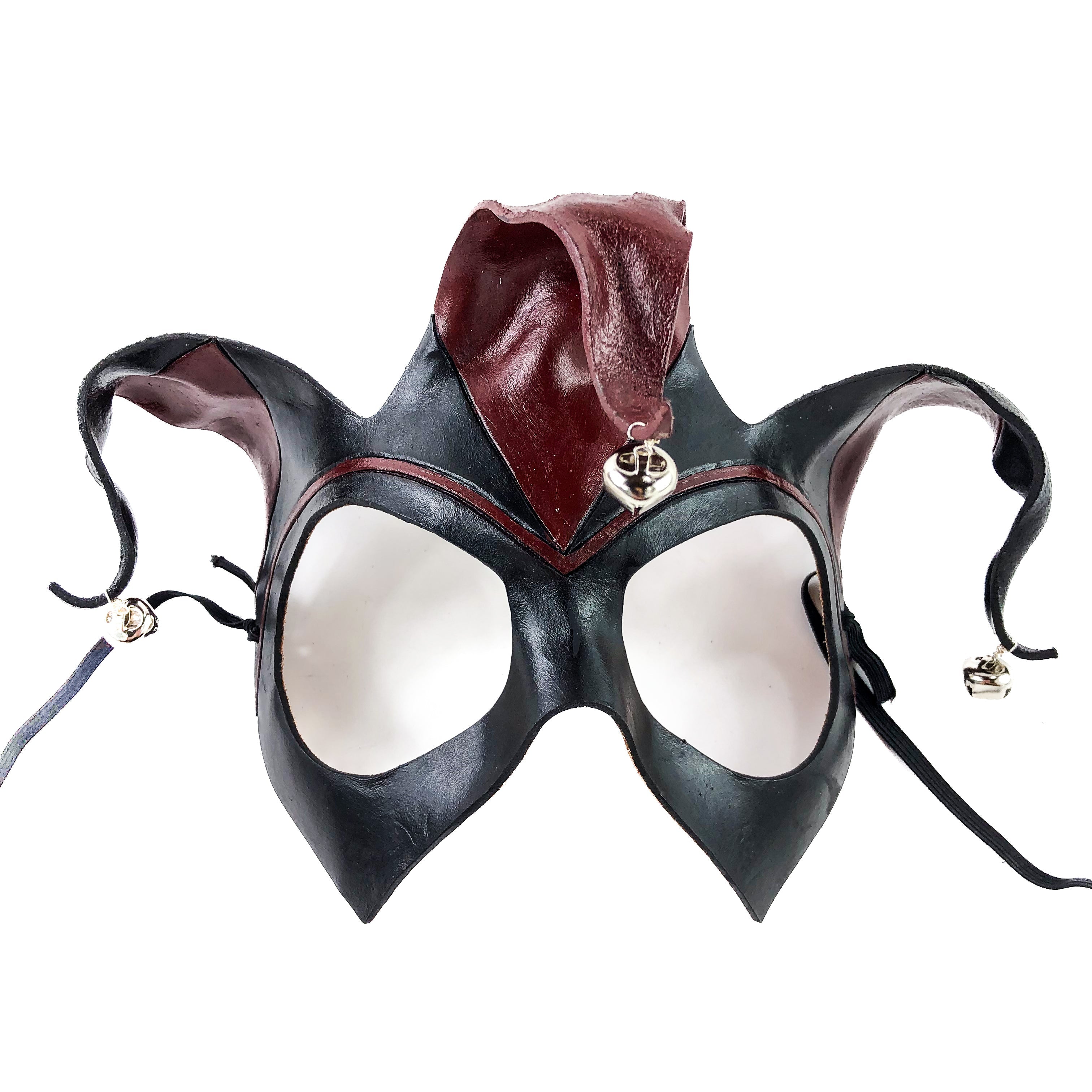 Handmade Genuine Leather Jester Mask in Red and Black with Silver Bells