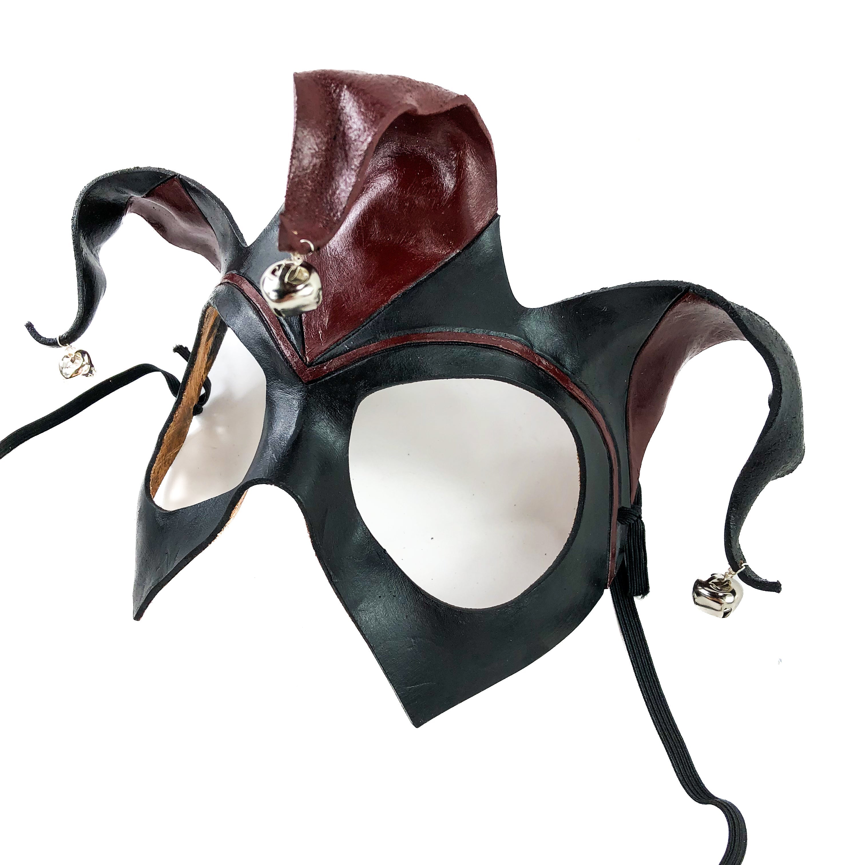 Handmade Genuine Leather Jester Mask in Red and Black with Silver Bells