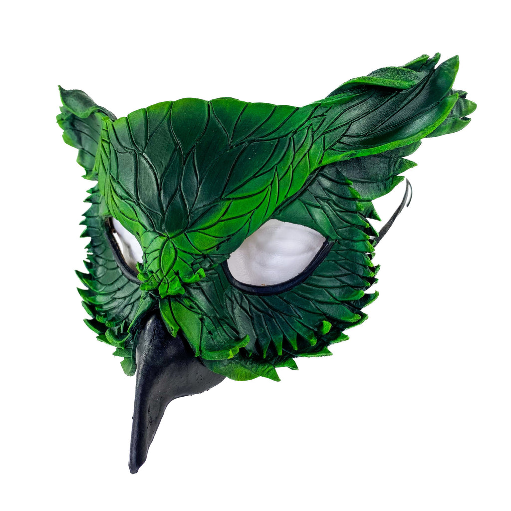 Layered Horned Owl Handmade Genuine Leather Mask in Green