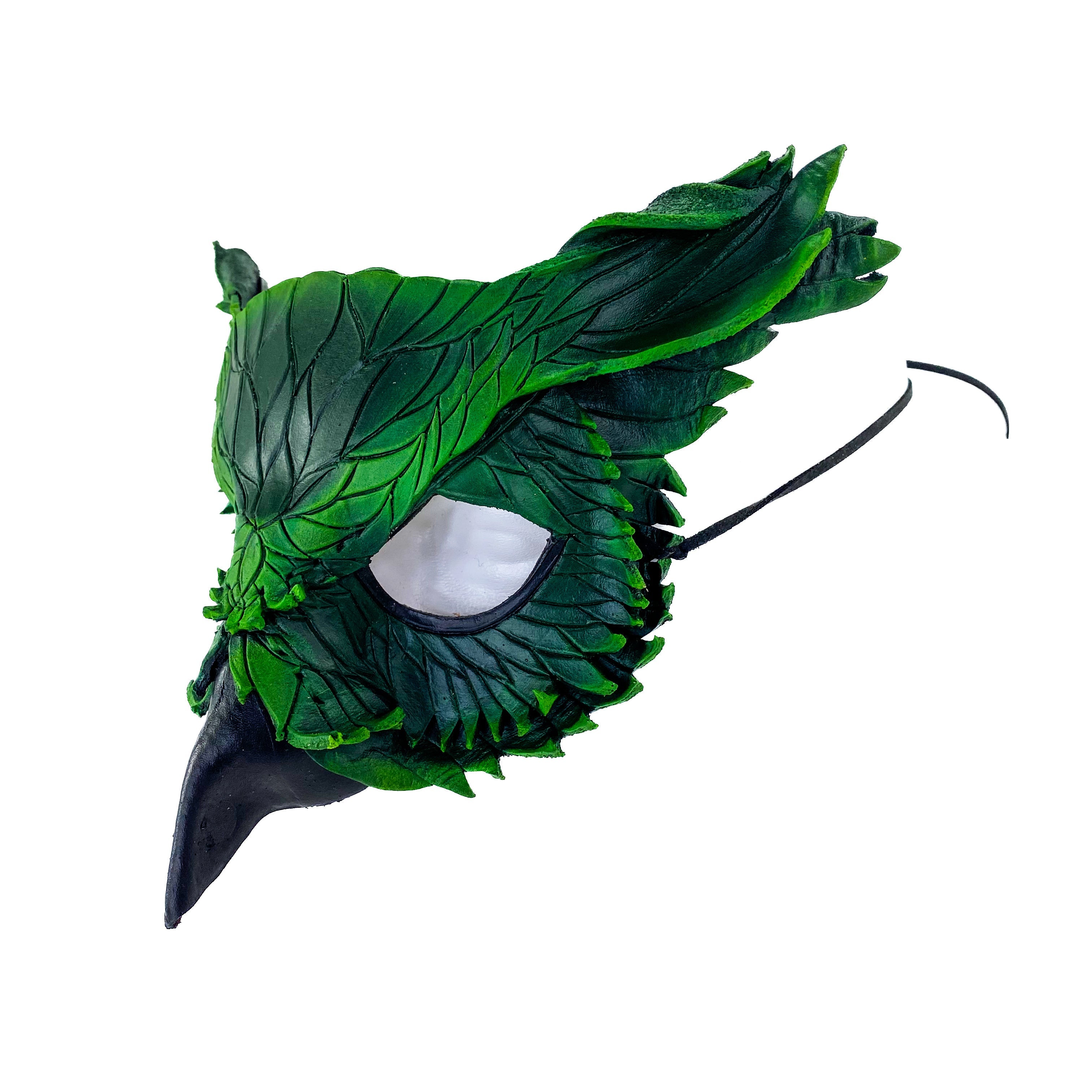 Layered Horned Owl Handmade Genuine Leather Mask in Green