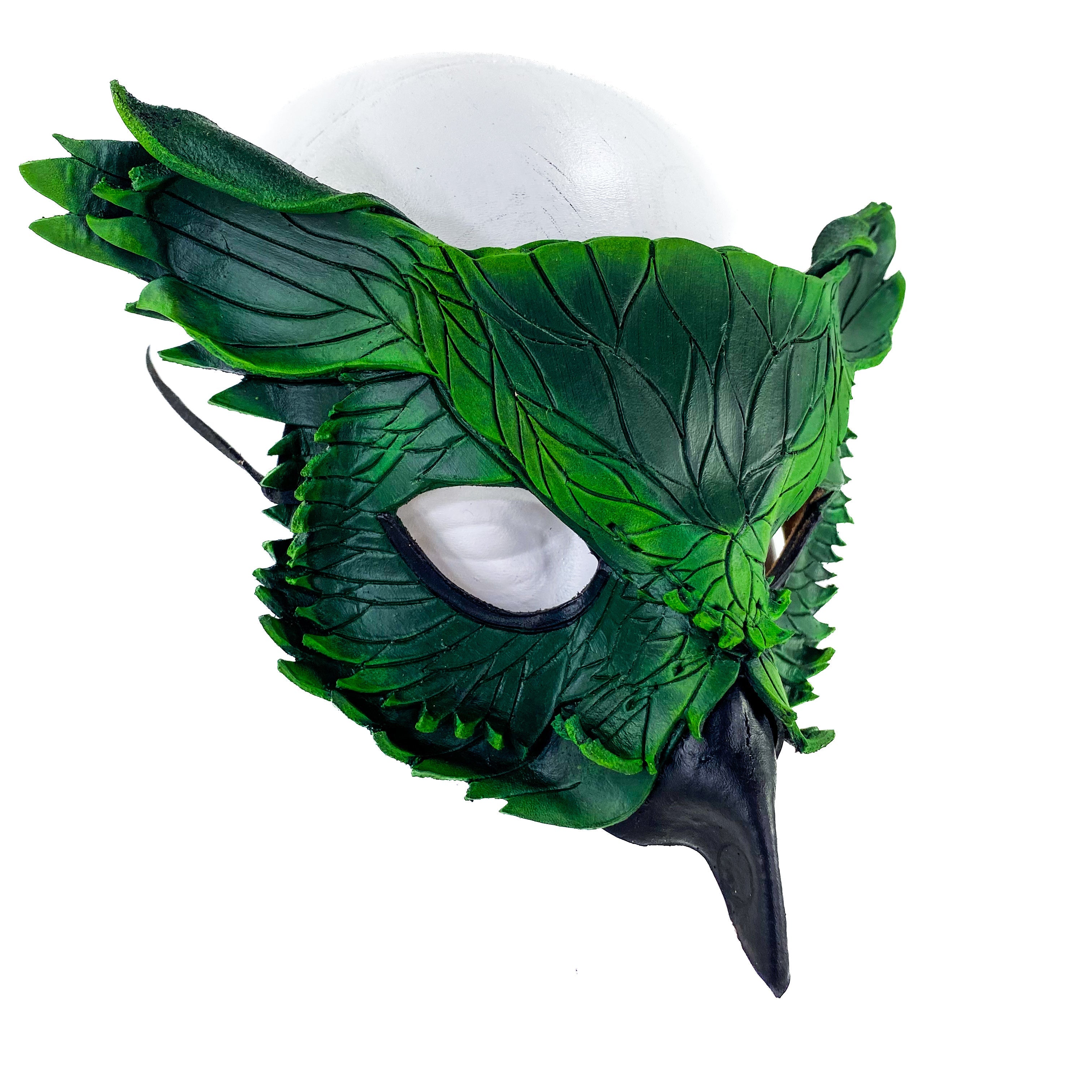 Layered Horned Owl Handmade Genuine Leather Mask in Green