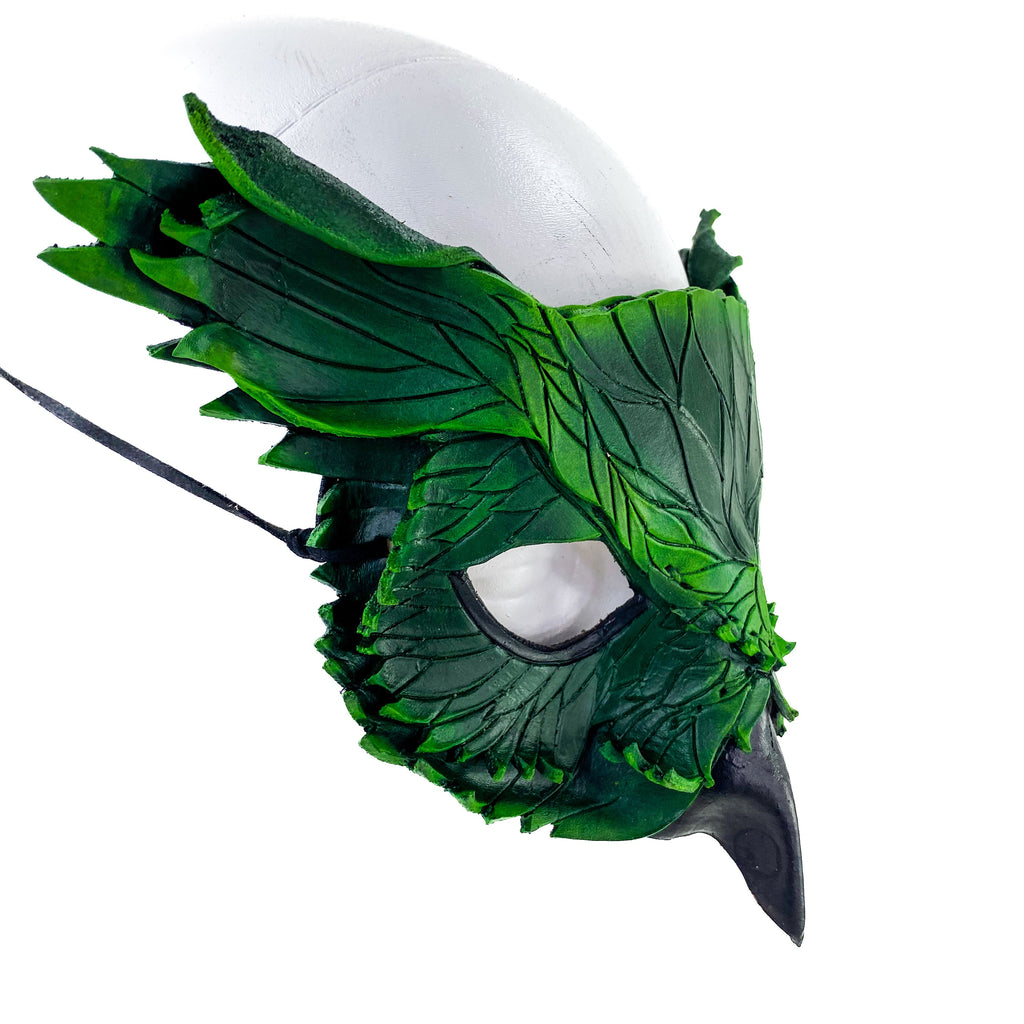 Layered Horned Owl Handmade Genuine Leather Mask in Green