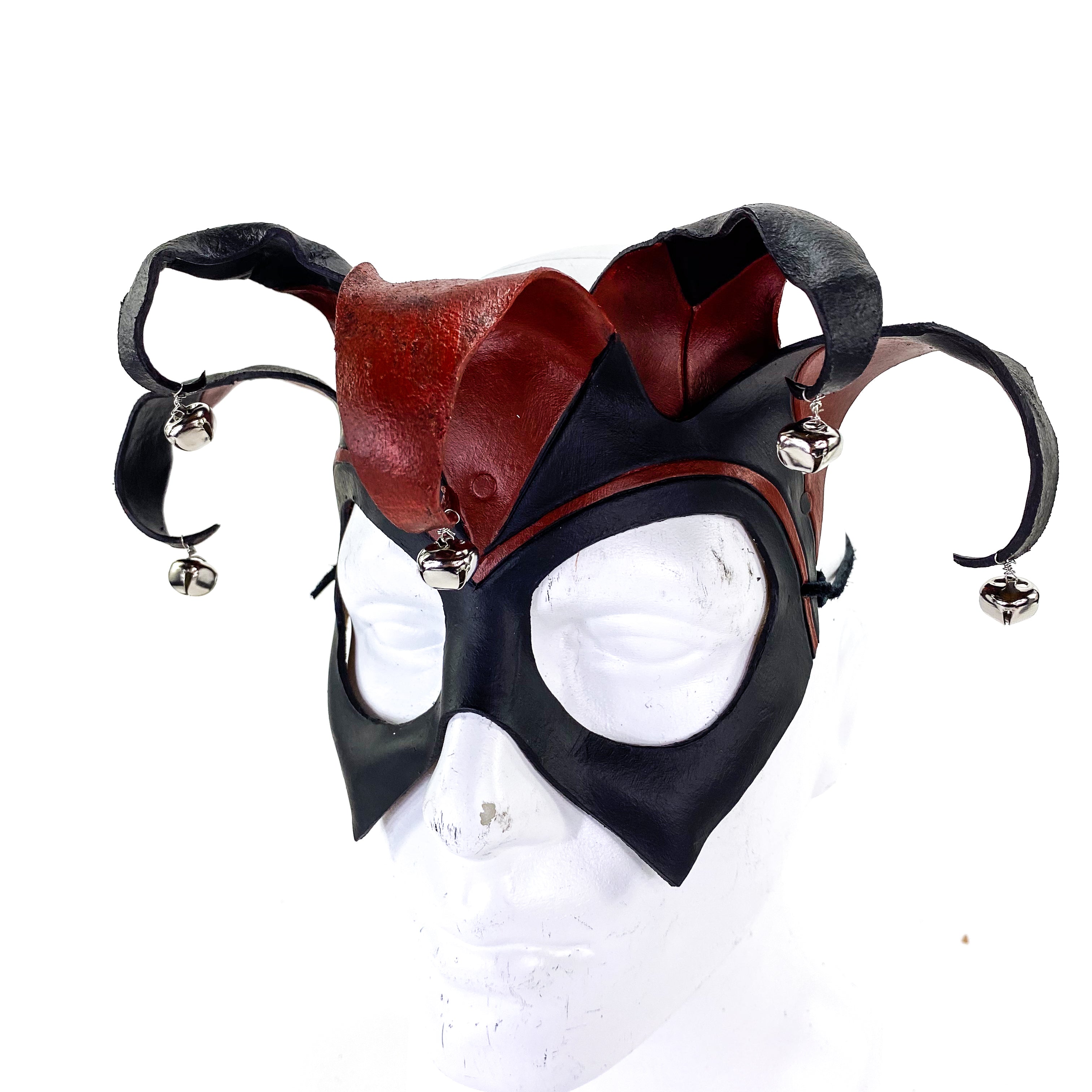 Ready to Ship - Handmade Genuine Leather Five Point Jester Mask in Red and Black with Silver Bells