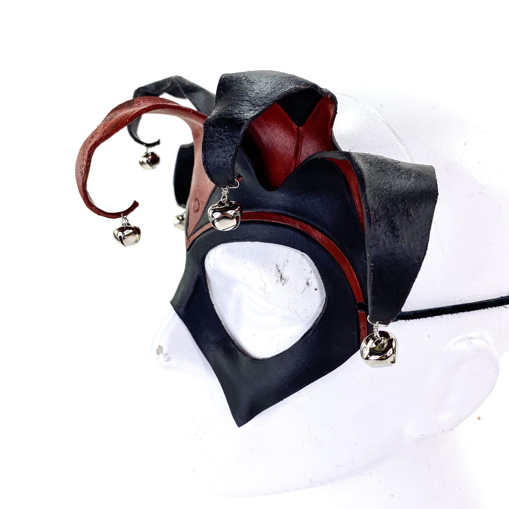 Ready to Ship - Handmade Genuine Leather Five Point Jester Mask in Red and Black with Silver Bells