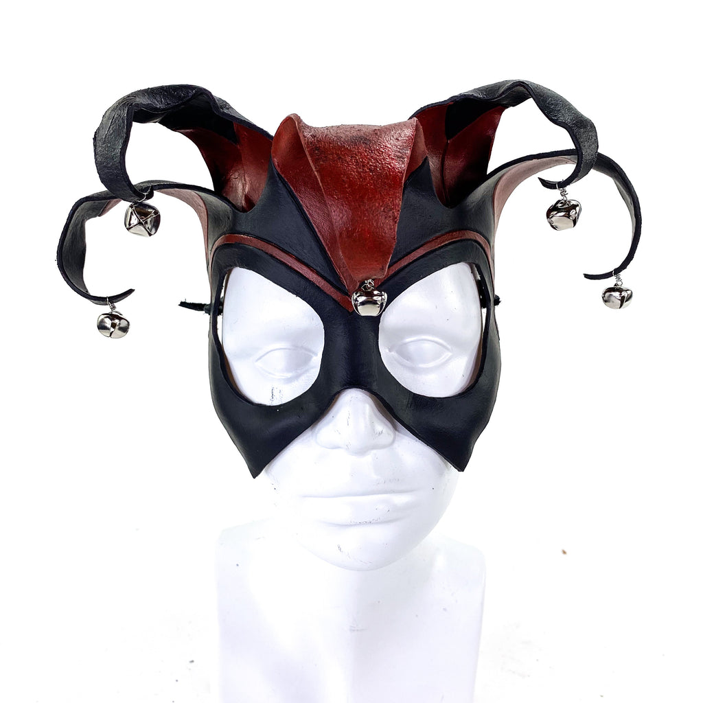 Ready to Ship - Handmade Genuine Leather Five Point Jester Mask in Red and Black with Silver Bells