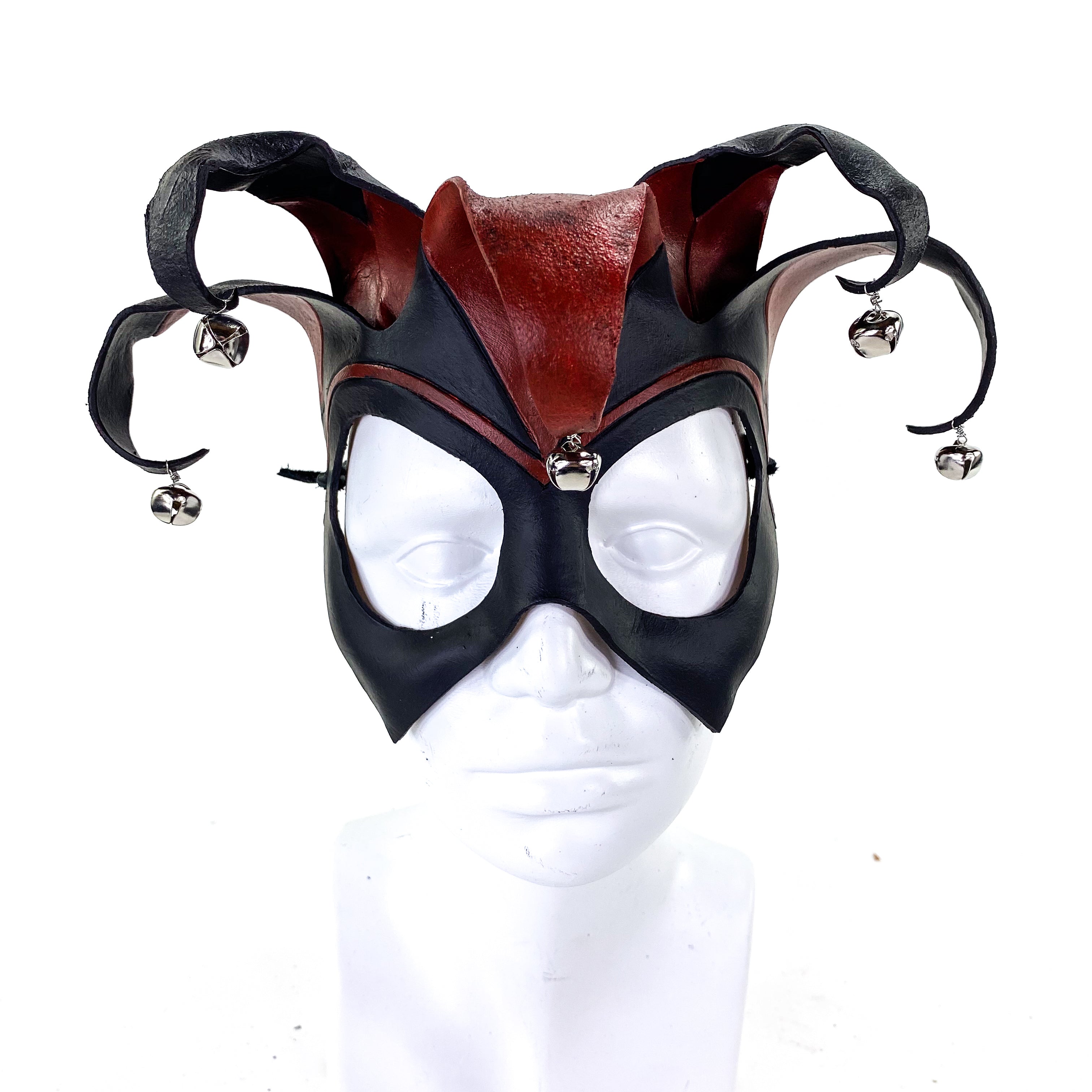 Ready to Ship - Handmade Genuine Leather Five Point Jester Mask in Red and Black with Silver Bells