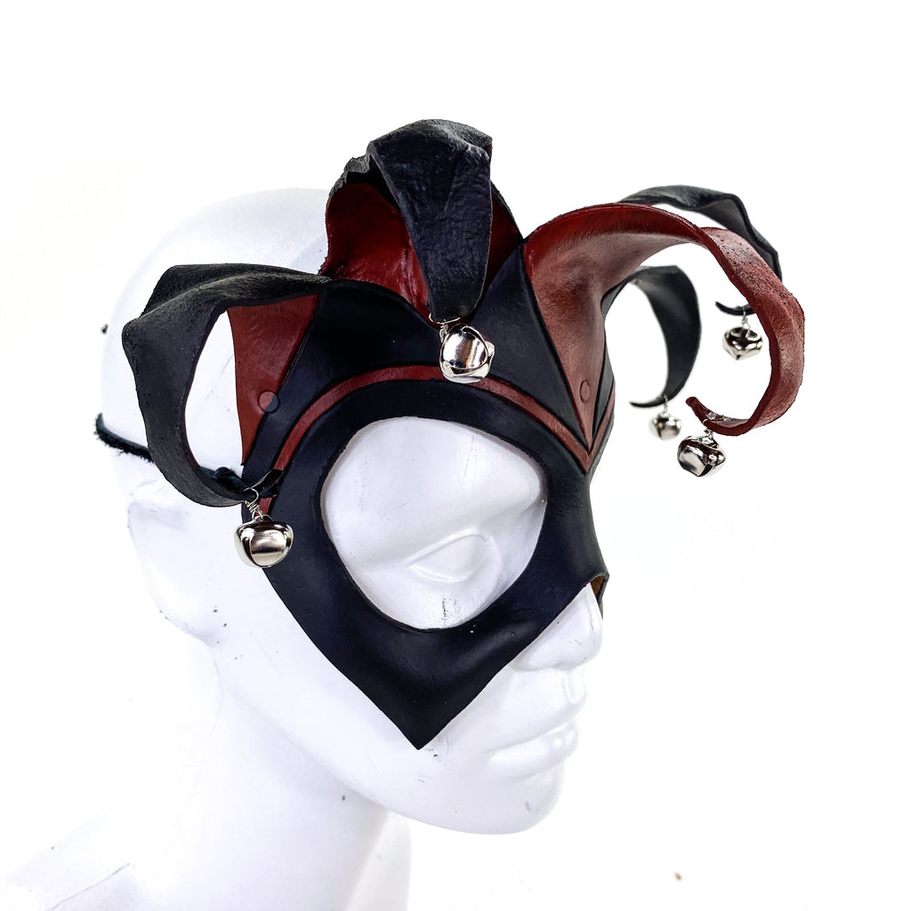 Ready to Ship - Handmade Genuine Leather Five Point Jester Mask in Red and Black with Silver Bells