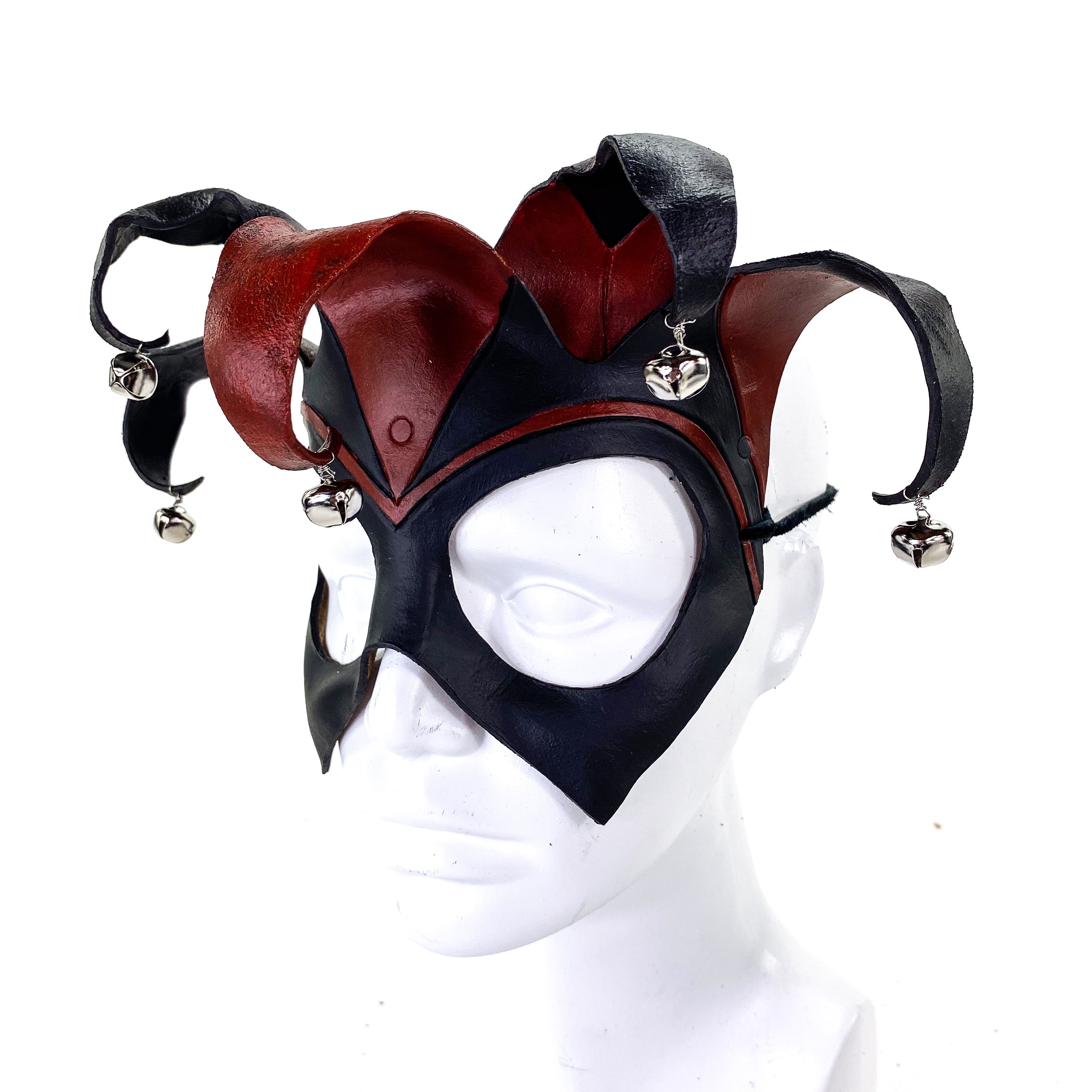 Ready to Ship - Handmade Genuine Leather Five Point Jester Mask in Red and Black with Silver Bells