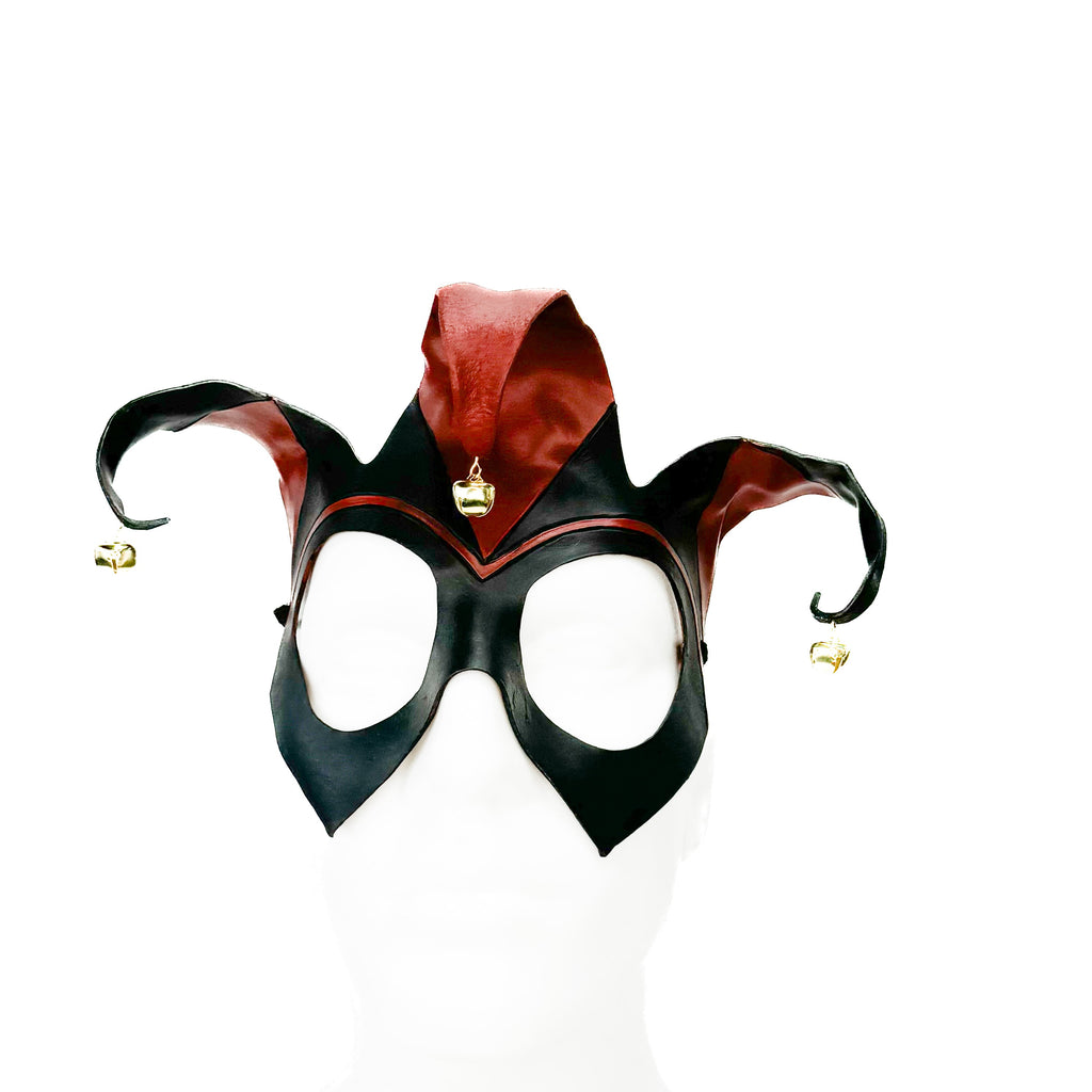 Handmade Genuine Leather Jester Mask in Red and Black with Brass Bells