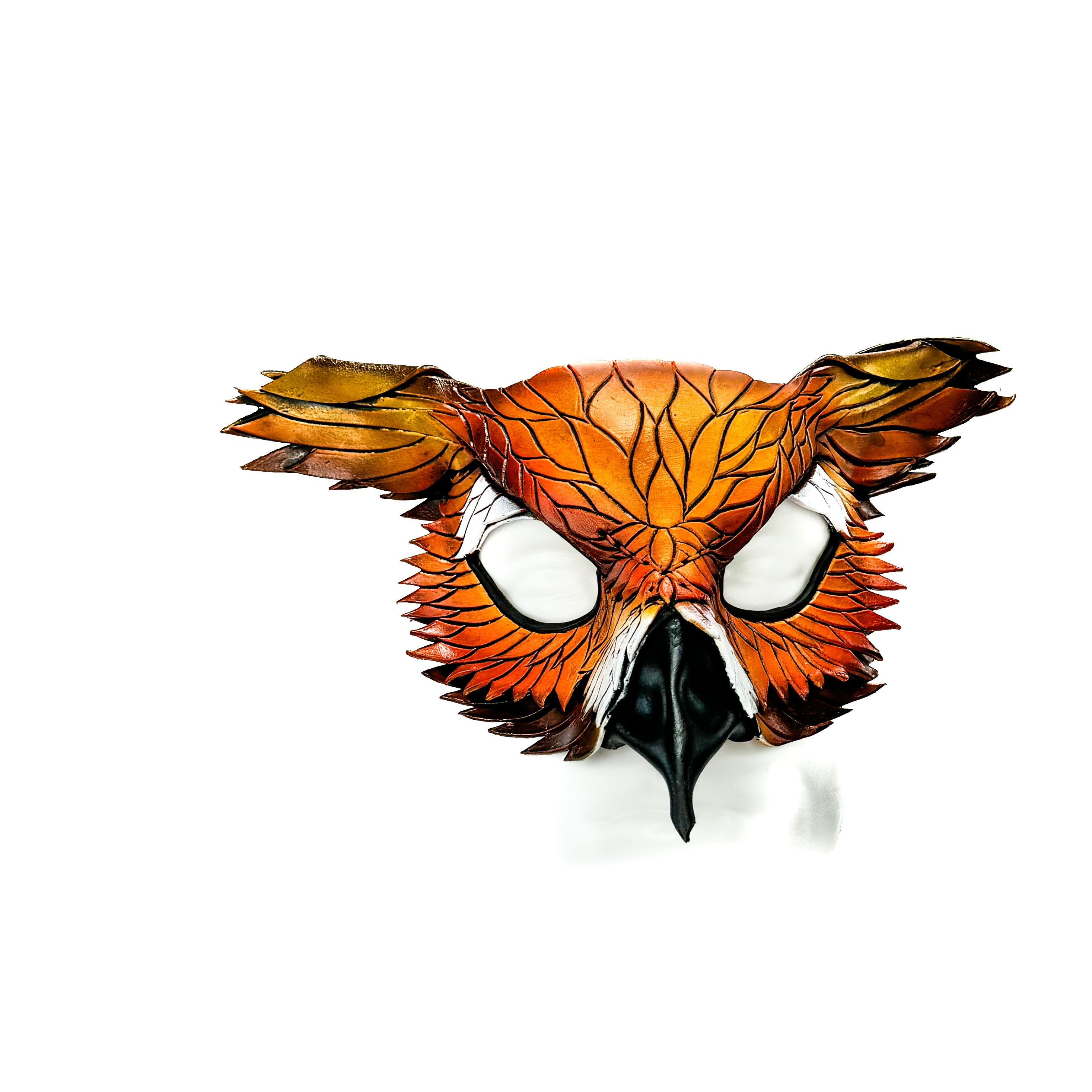 Layered Horned Owl Handmade Genuine Leather Mask In Sienna Shades