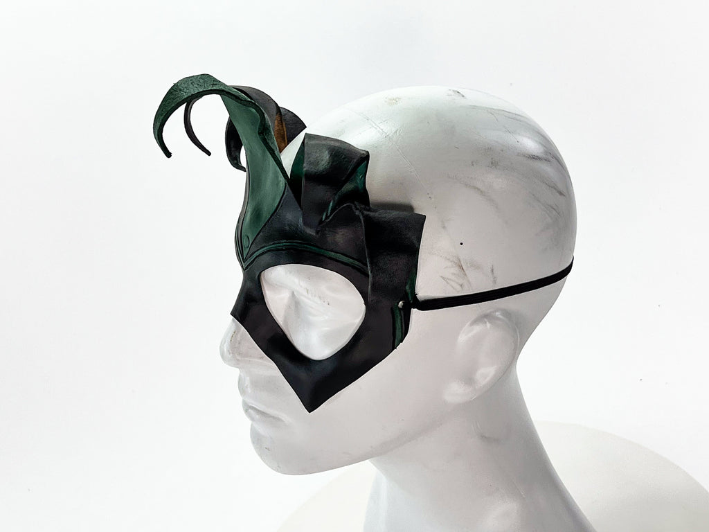 Handmade Genuine Leather Five Point Jester Mask in Green and Black No Bells