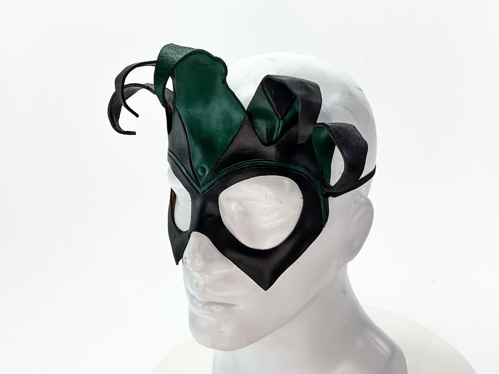 Handmade Genuine Leather Five Point Jester Mask in Green and Black No Bells