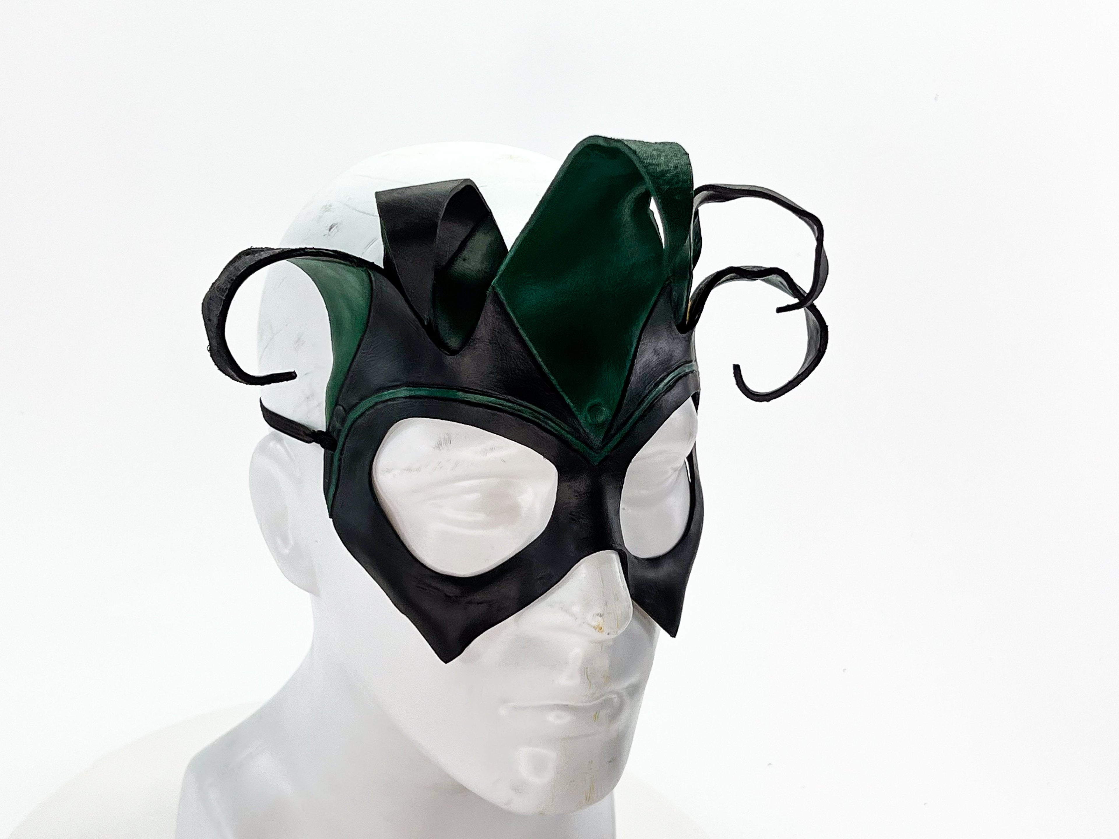 Handmade Genuine Leather Five Point Jester Mask in Green and Black No Bells