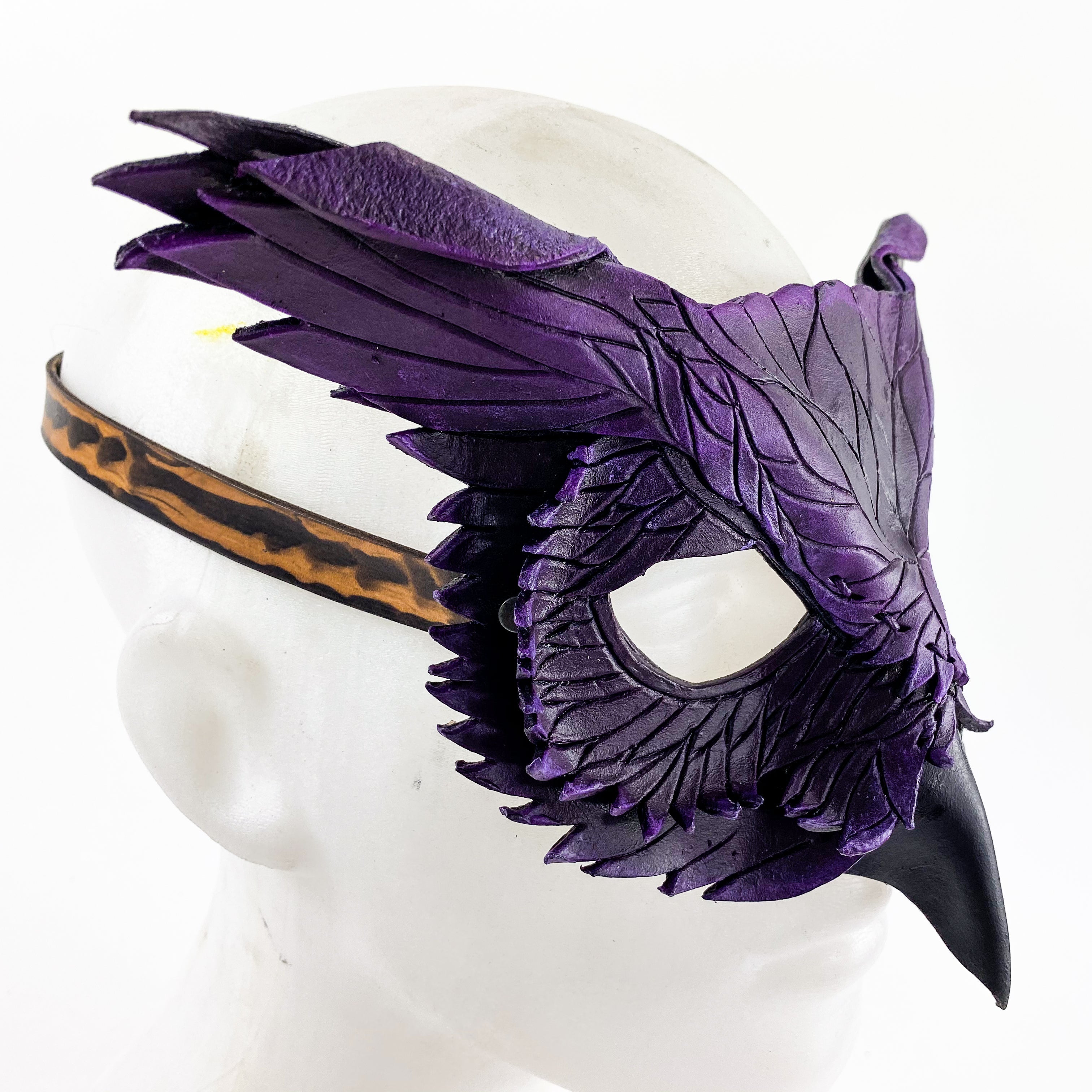 Layered Horned Owl Handmade Genuine Leather Mask in Purple