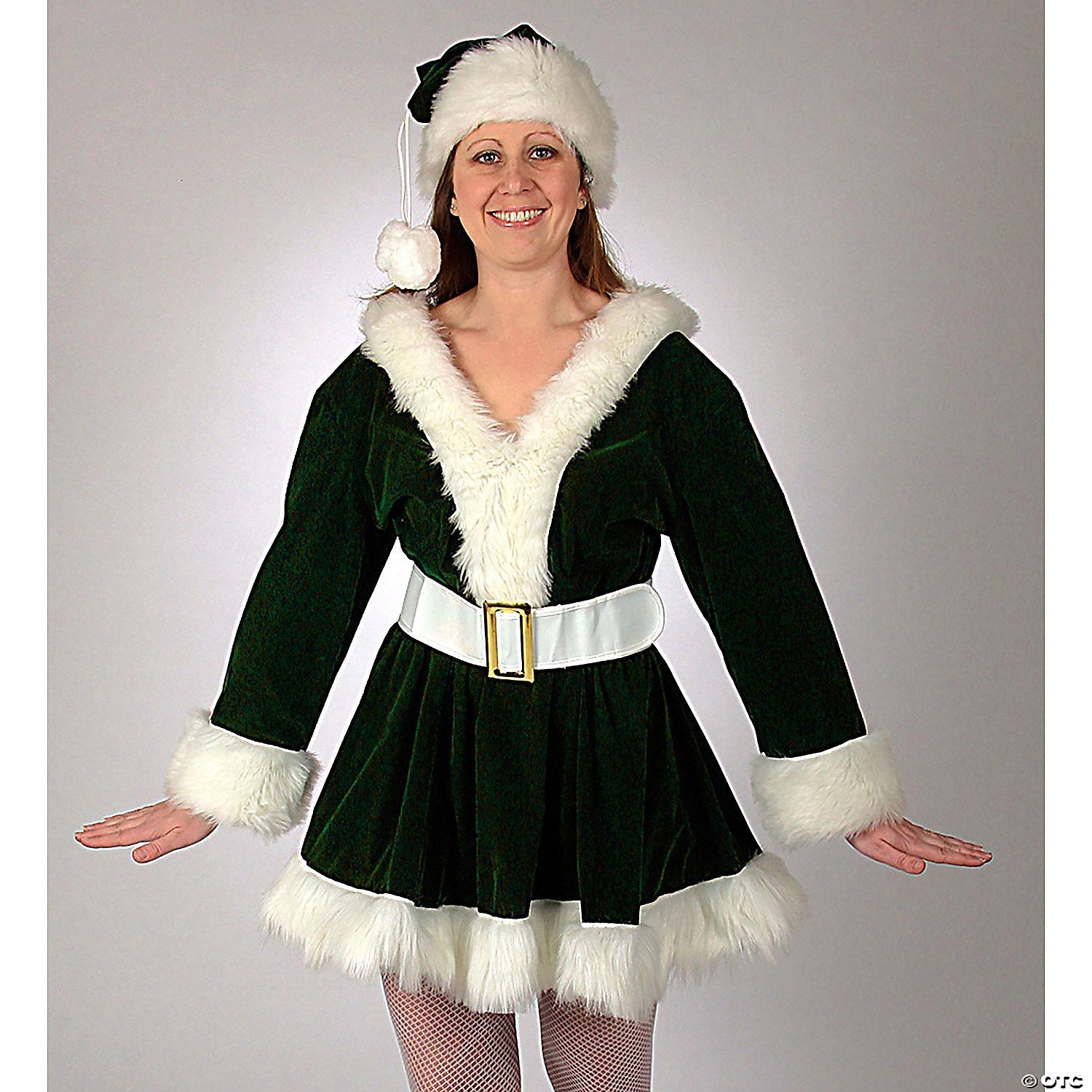 Adult Women's Green Velvet Perky Pixie Mrs. Clause Dress Costume - Large