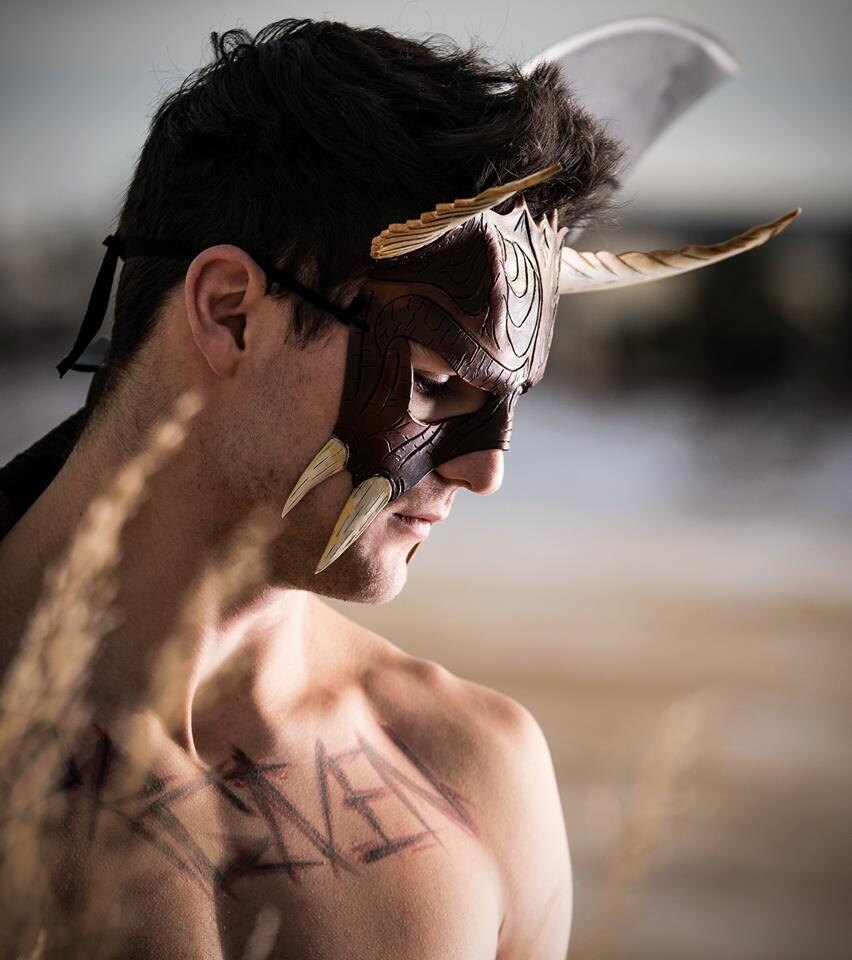 Handmade Genuine Leather Mask with Horns in Natural Colors - The Horned Beast