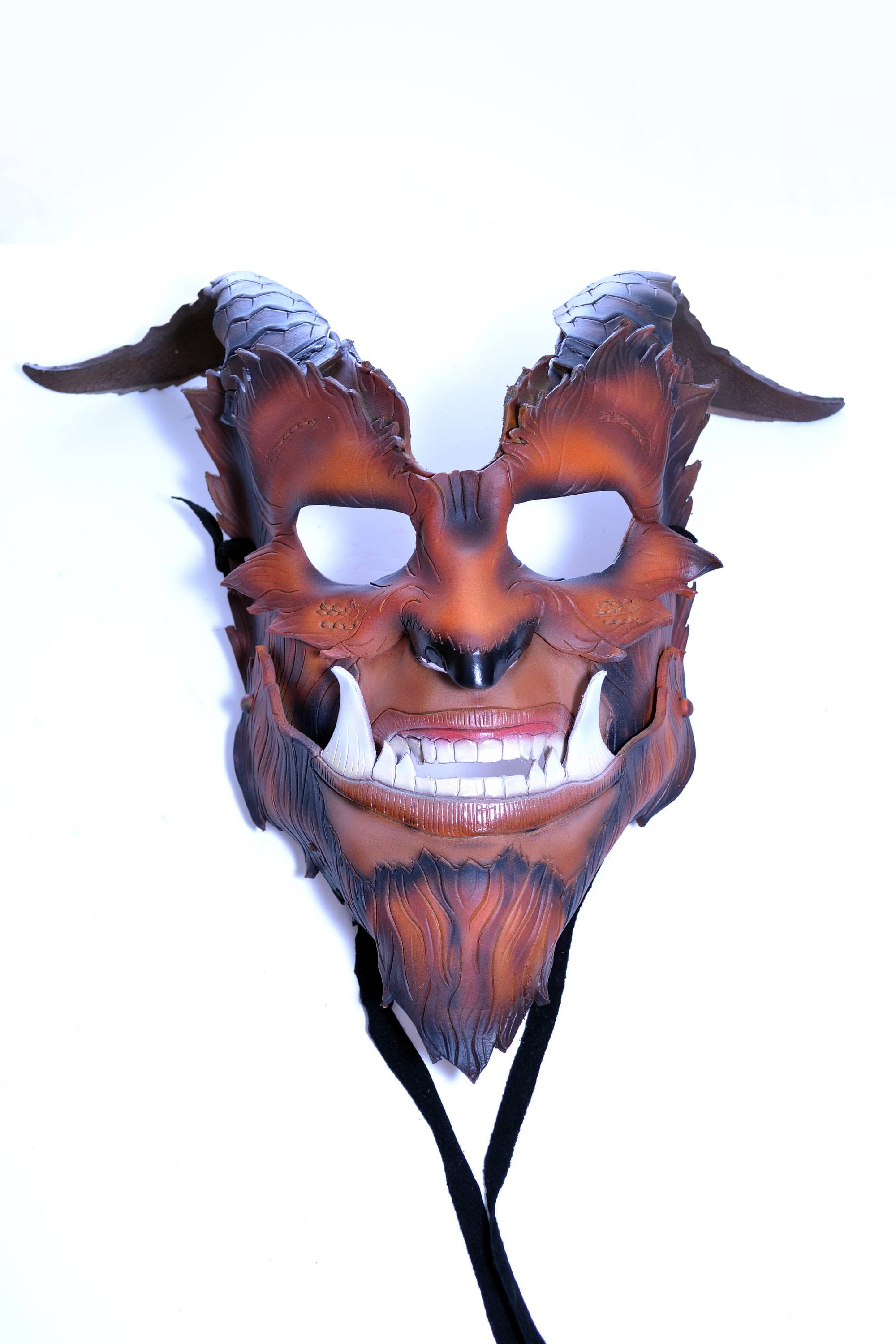 The Beast - Handmade Genuine Leather Mask with Horns in Natural Colors