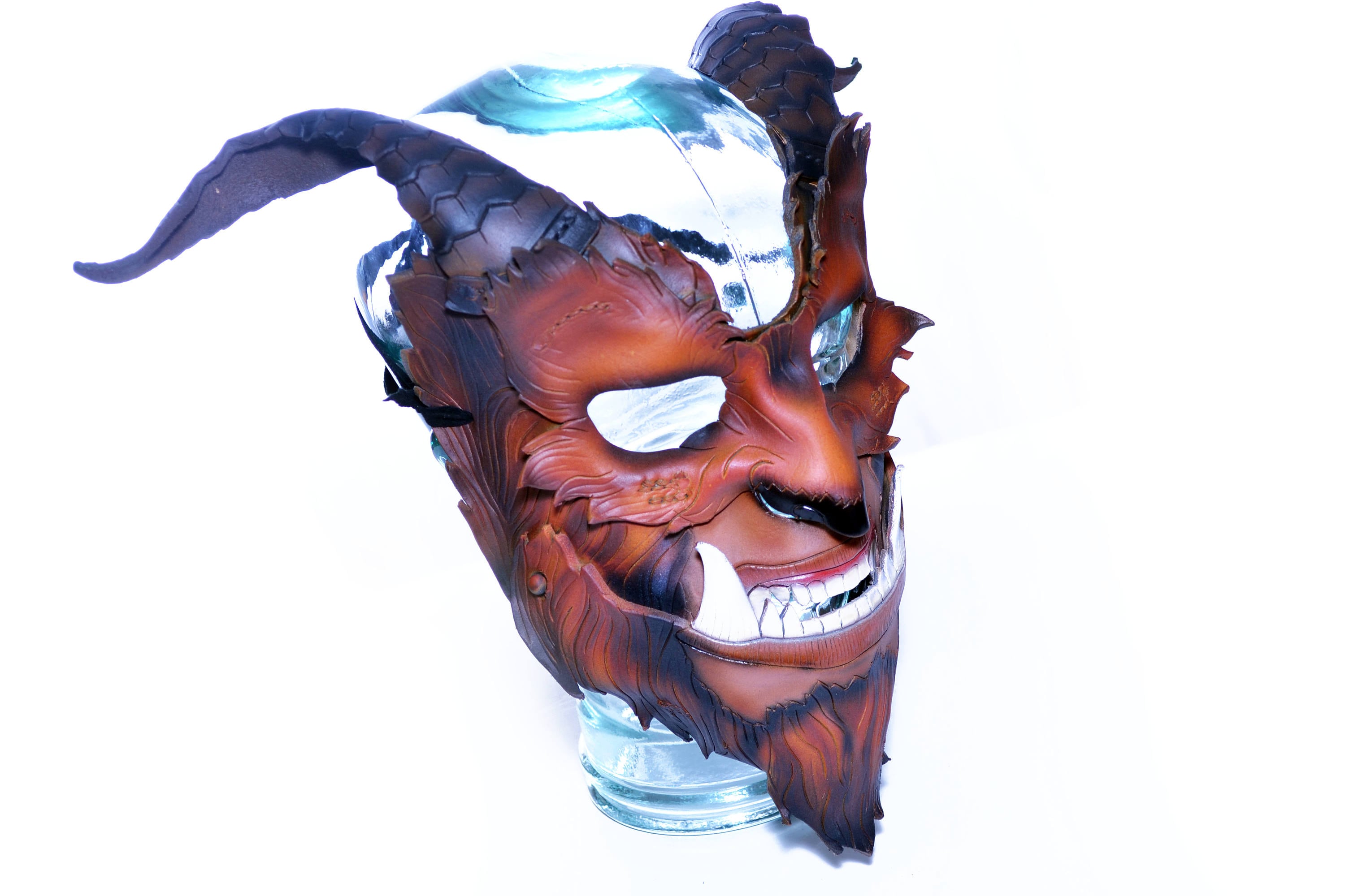 The Beast - Handmade Genuine Leather Mask with Horns in Natural Colors