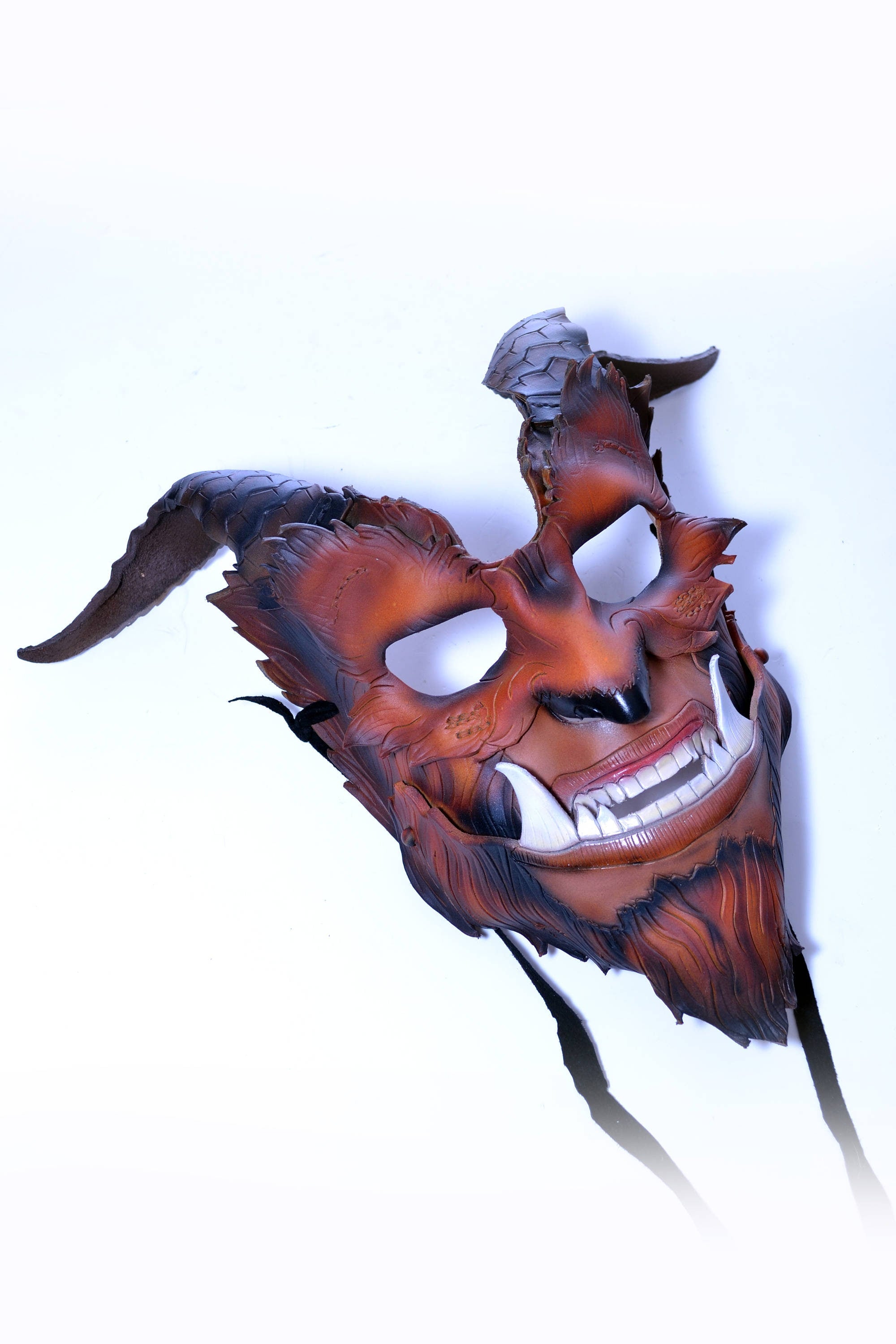 The Beast - Handmade Genuine Leather Mask with Horns in Natural Colors