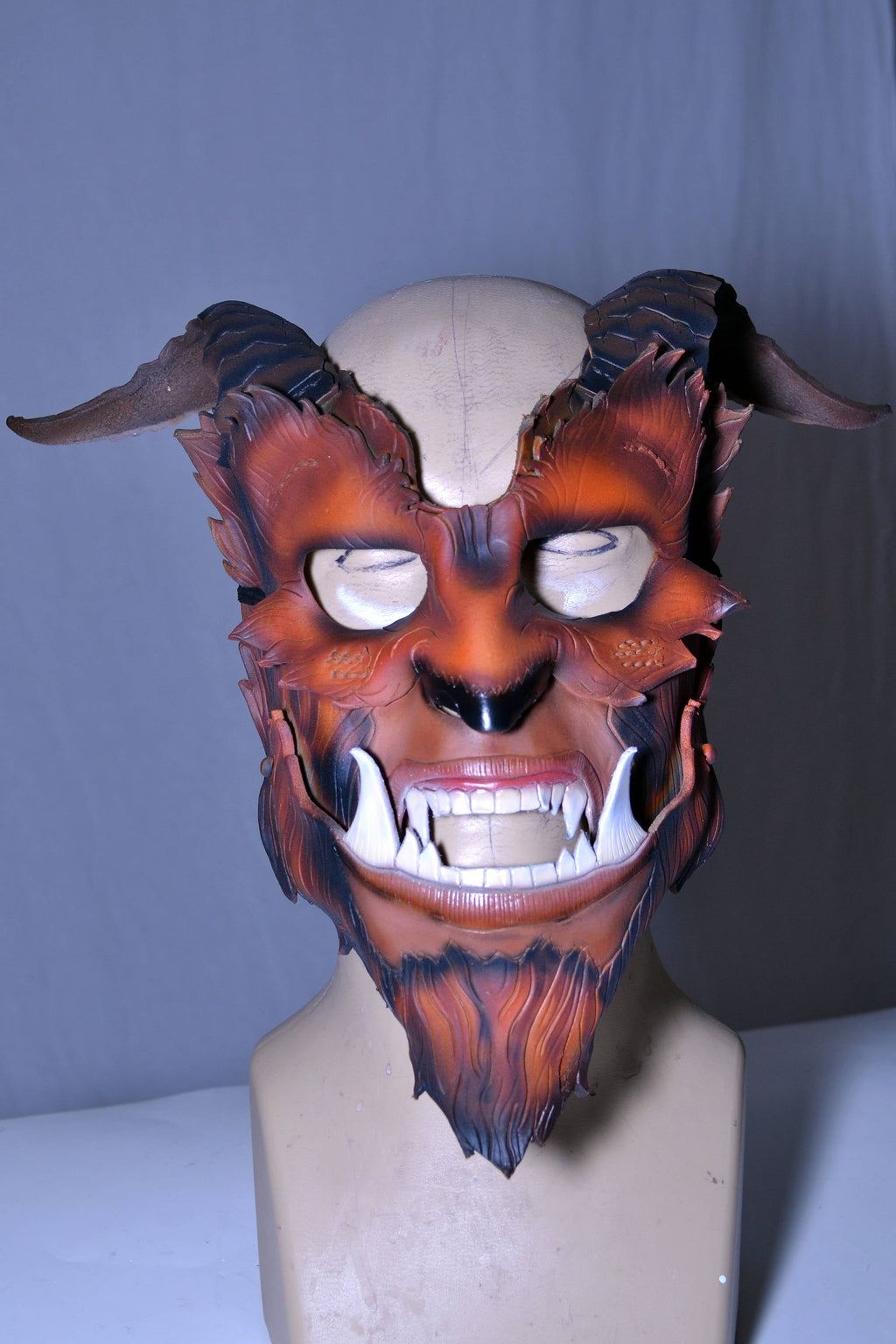 The Beast - Handmade Genuine Leather Mask with Horns in Natural Colors
