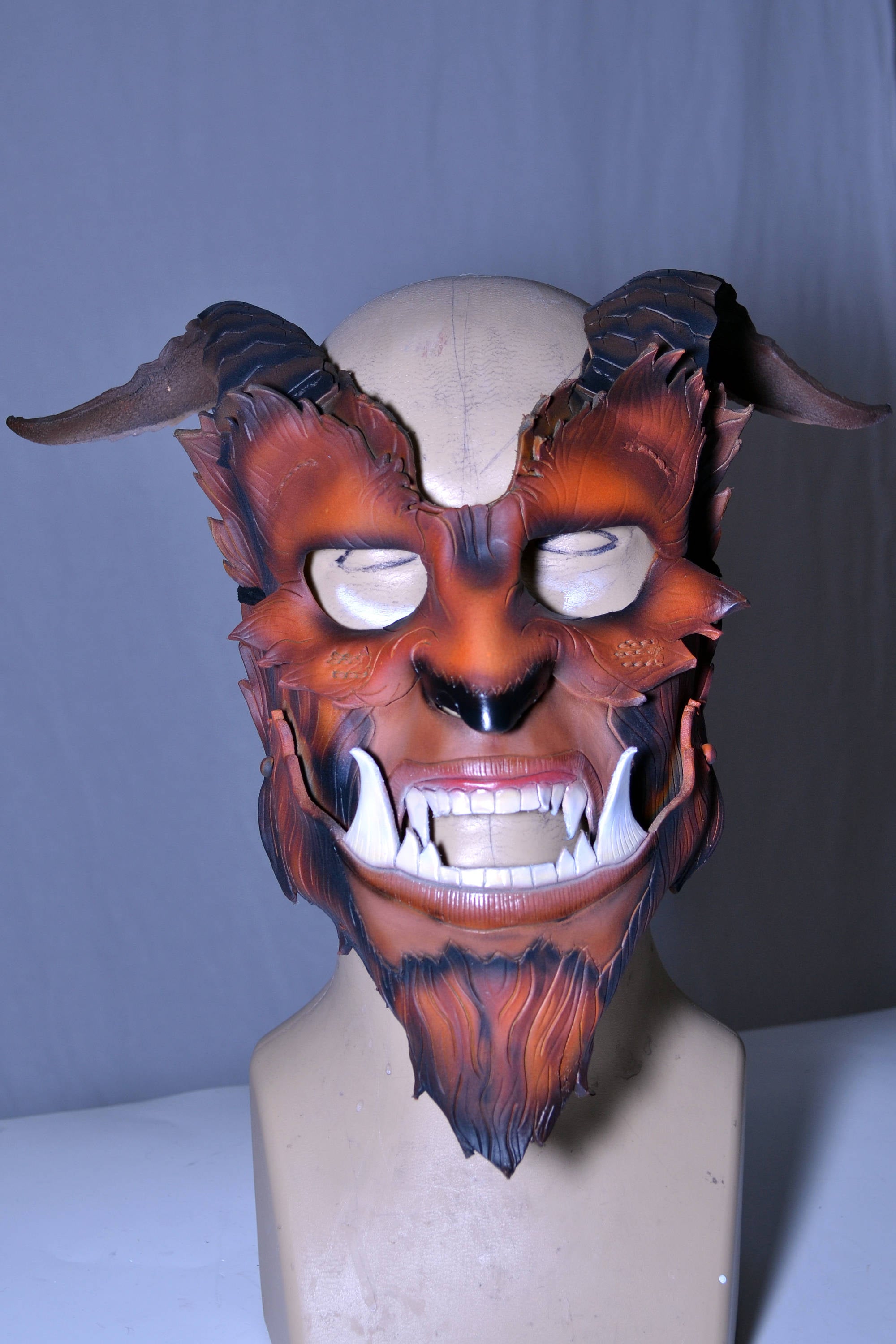 The Beast - Handmade Genuine Leather Mask with Horns in Natural Colors