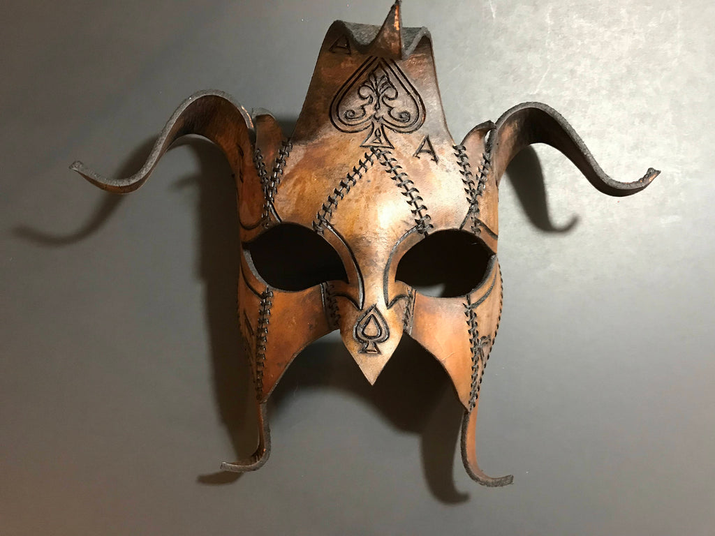 The Joker's Card- Joker Jester Handmade Genuine Leather Mask in Dyed Leather