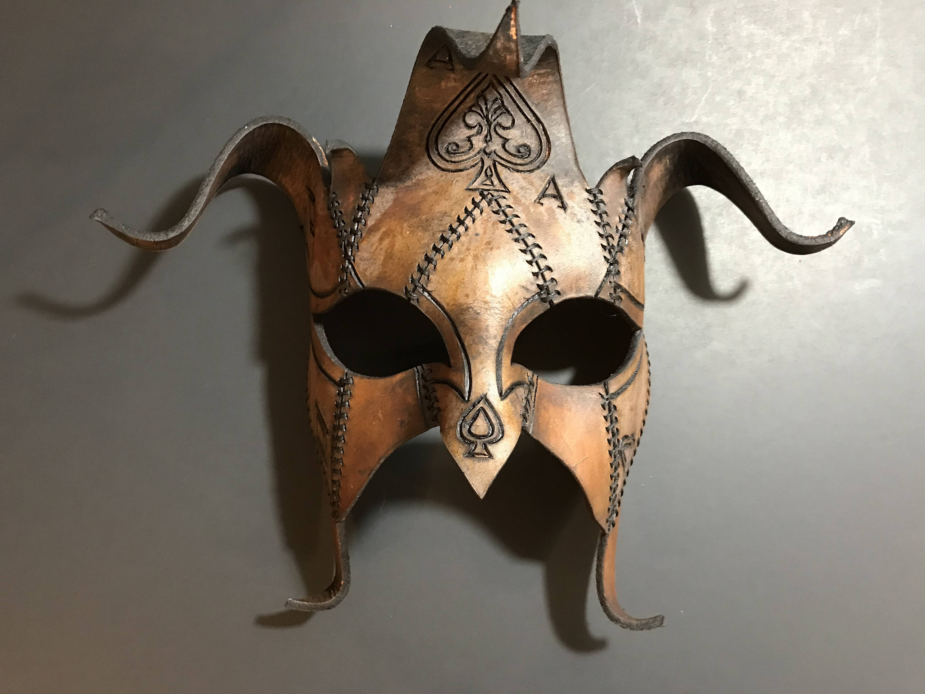 The Joker's Card- Joker Jester Handmade Genuine Leather Mask in Dyed Leather