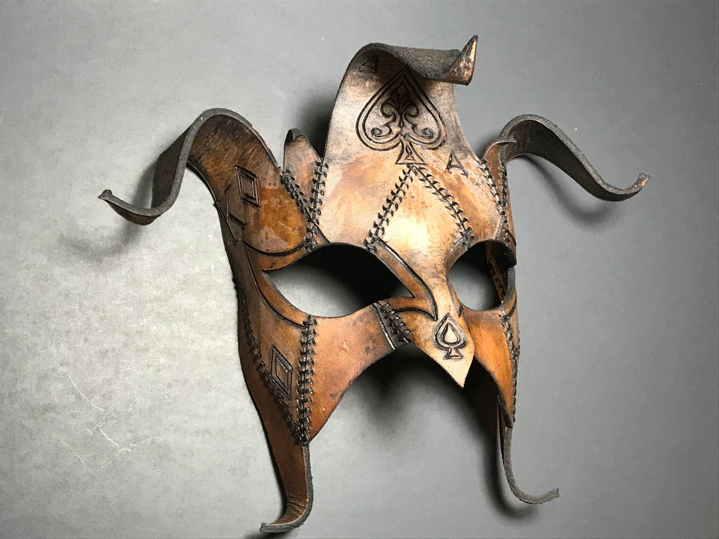 The Joker's Card- Joker Jester Handmade Genuine Leather Mask in Dyed Leather