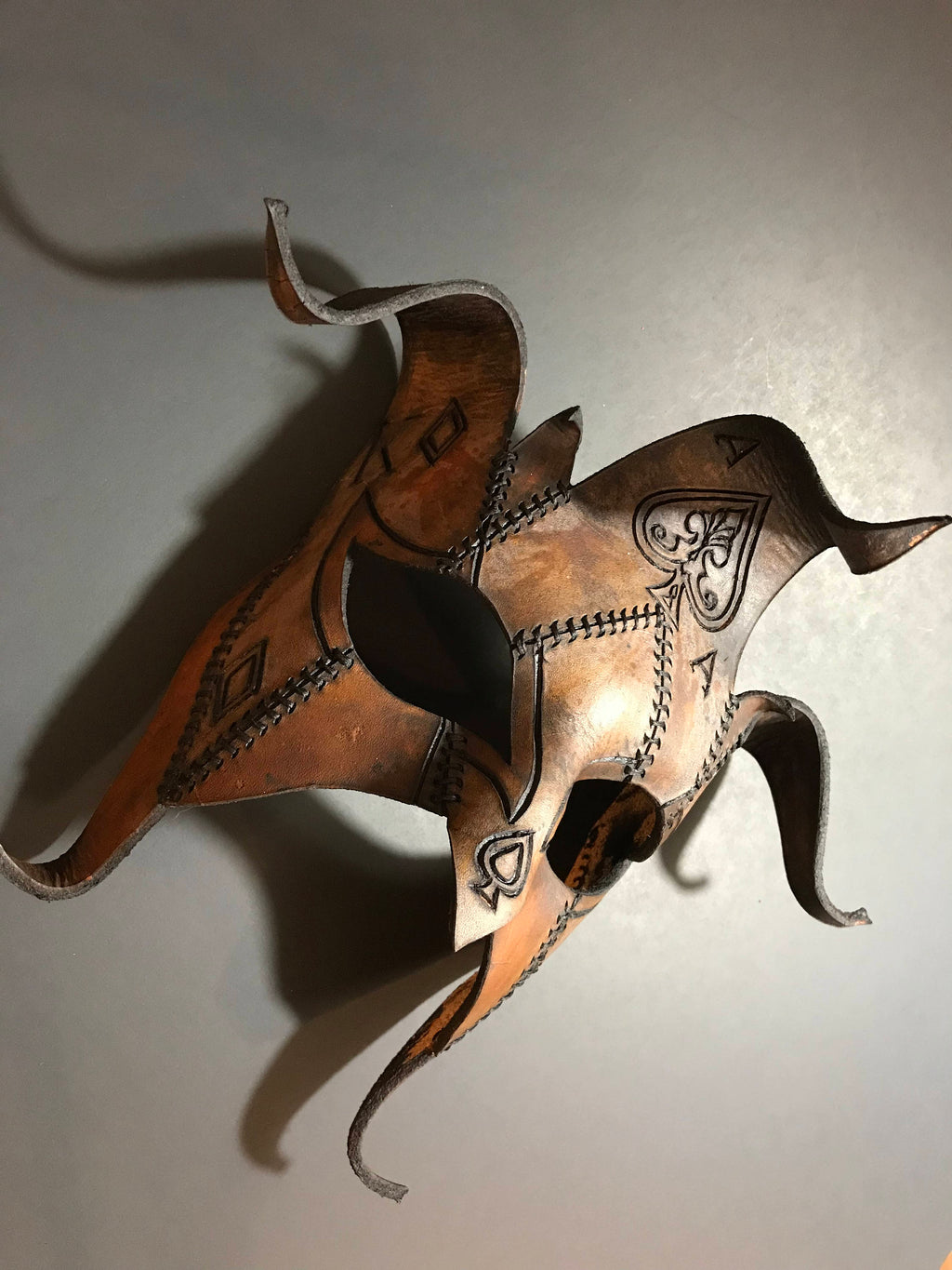 The Joker's Card- Joker Jester Handmade Genuine Leather Mask in Dyed Leather