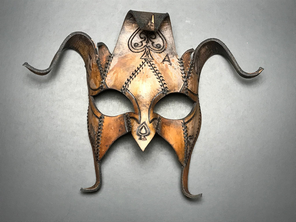 The Joker's Card- Joker Jester Handmade Genuine Leather Mask in Dyed Leather