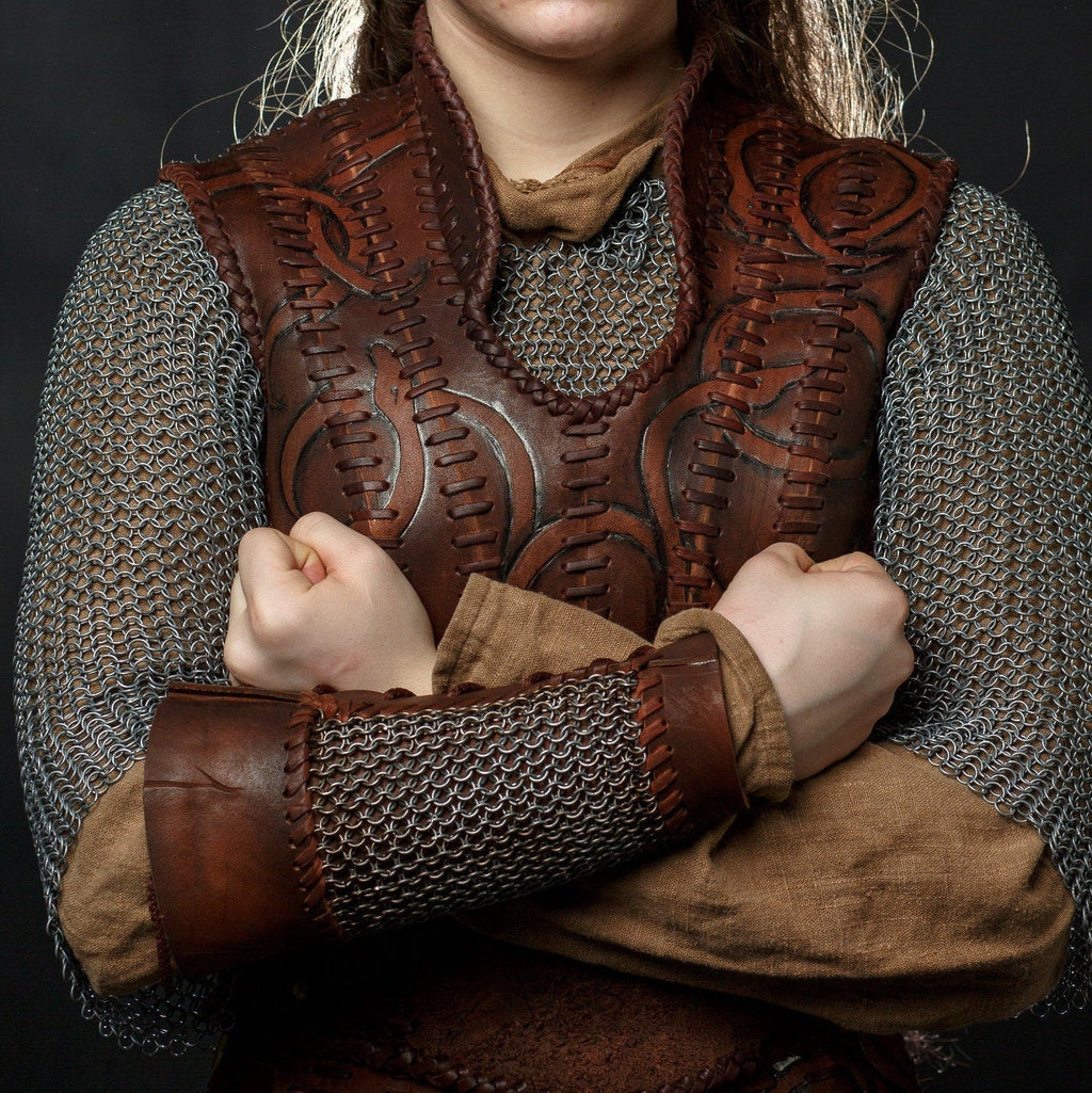 Viking leather bracers with сhainmai
