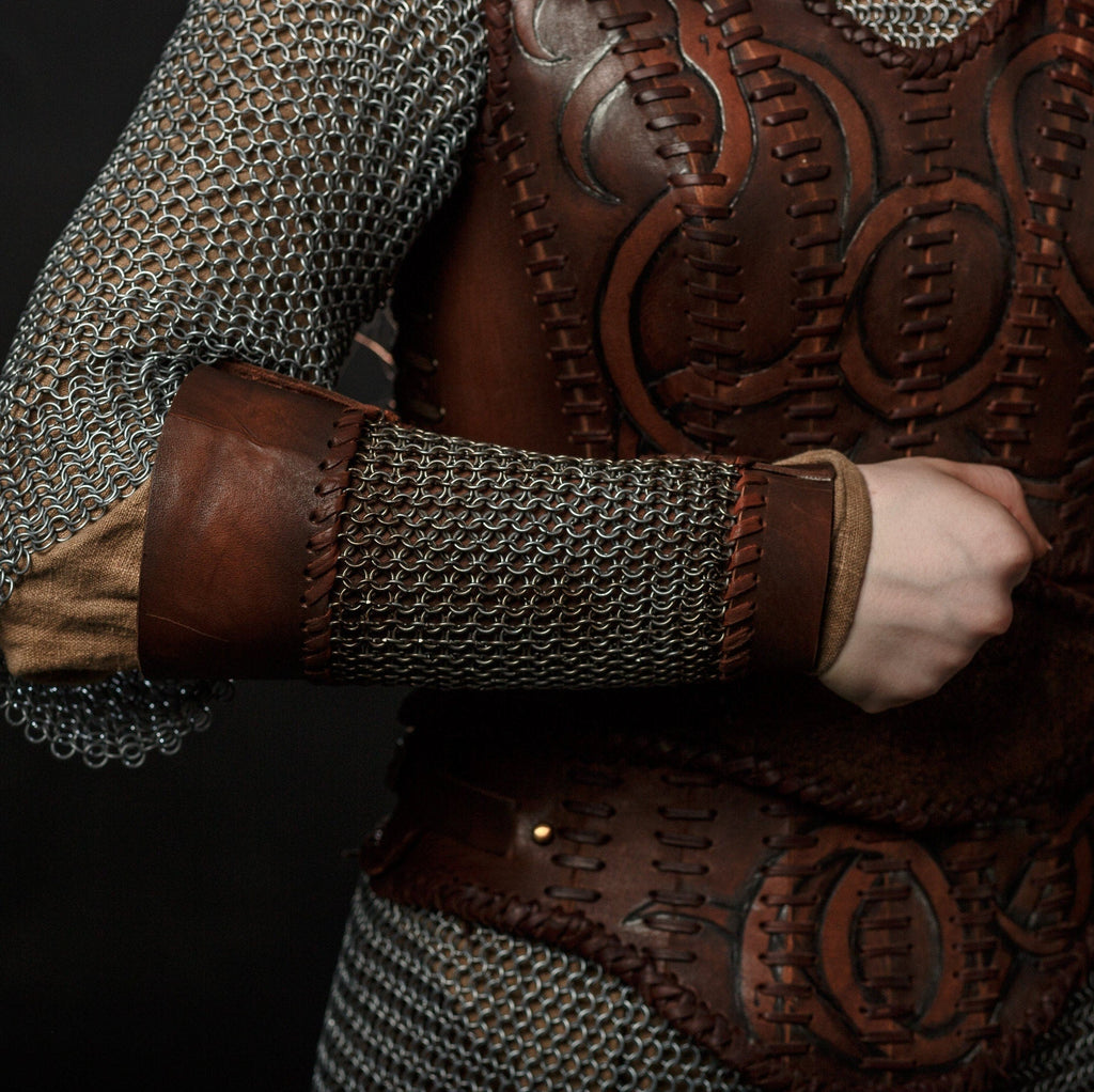 Viking leather bracers with сhainmai