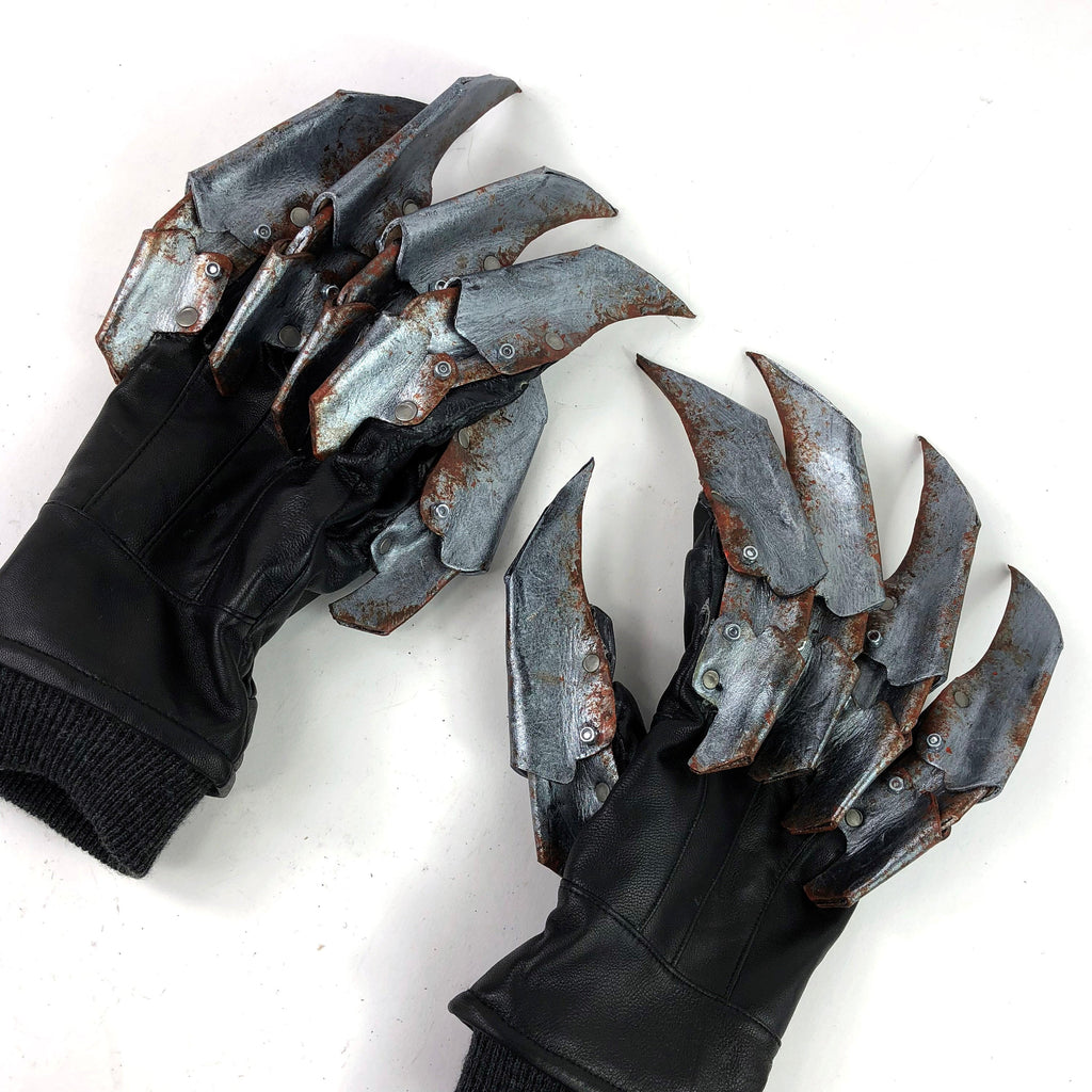 One Set of Two Handcrafted Genuine Leather Gloves with Claws in Rusted Metal Paint