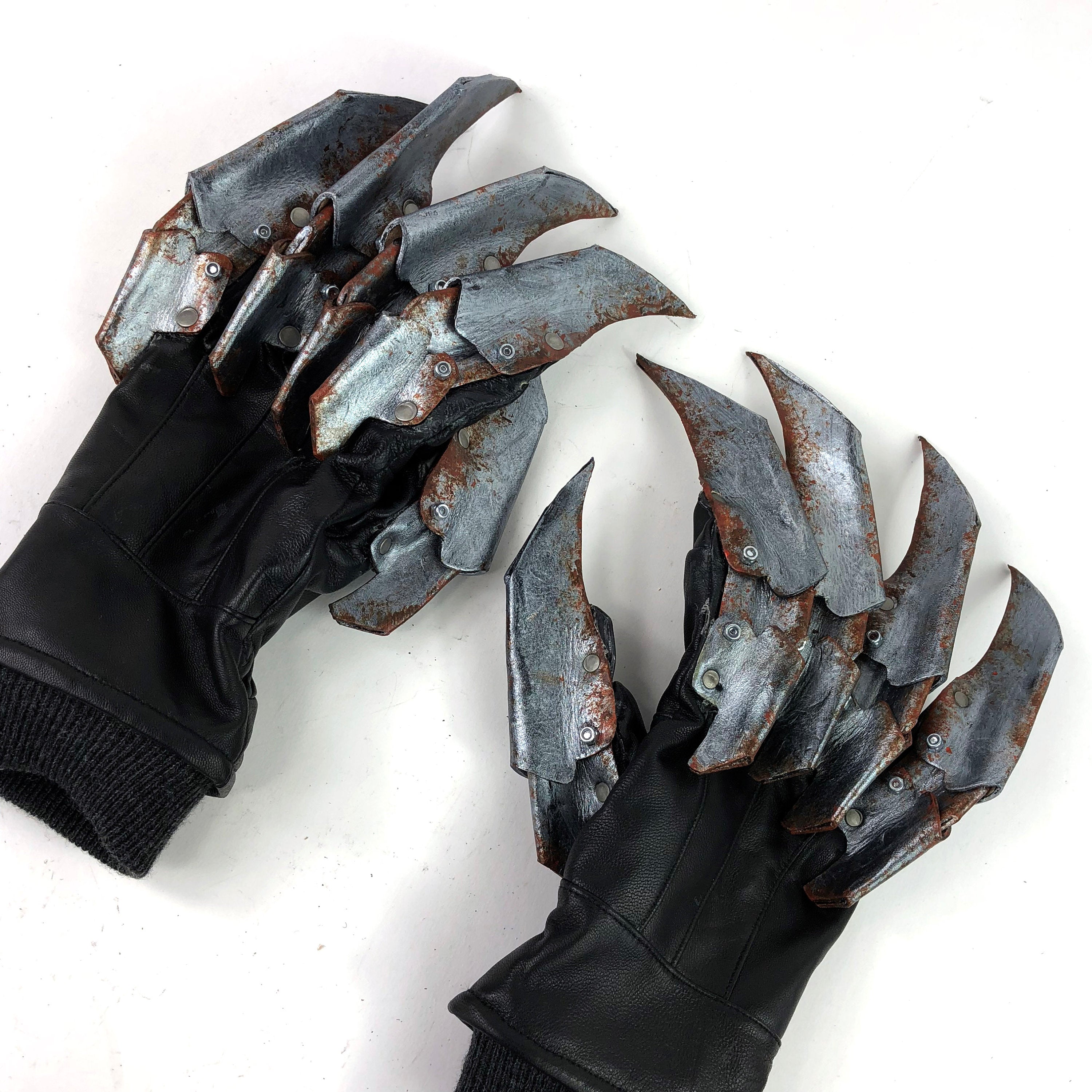 One Set of Two Handcrafted Genuine Leather Gloves with Claws in Rusted Metal Paint