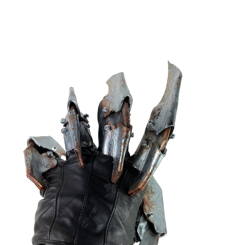 One Set of Two Handcrafted Genuine Leather Gloves with Claws in Rusted Metal Paint